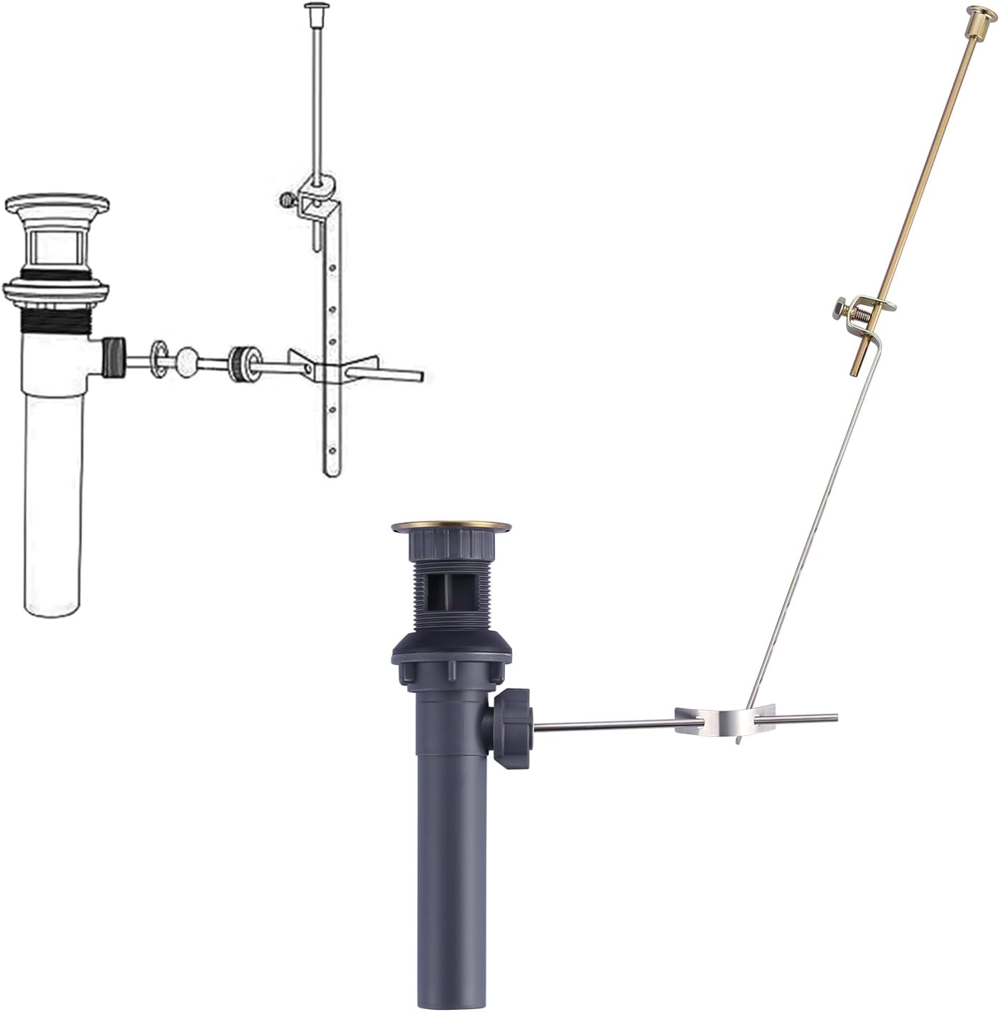 Bathroom Sink Drain with Lift Rod, Brushed Gold Sink Drain with Overflow, ARCORA Drain Stopper for Vessel Sink