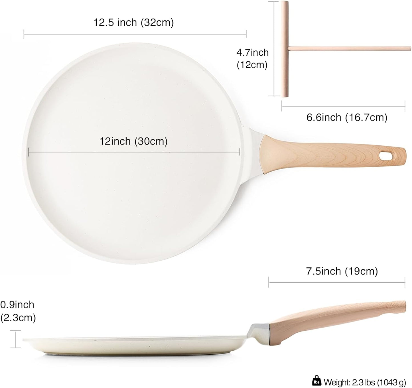 Crepe Pan Nonstick, 12 Inch Healthy Coating Comales para Tortillas Dosa Pan with Spreader, Induction Compatible, PFOA Free (White)