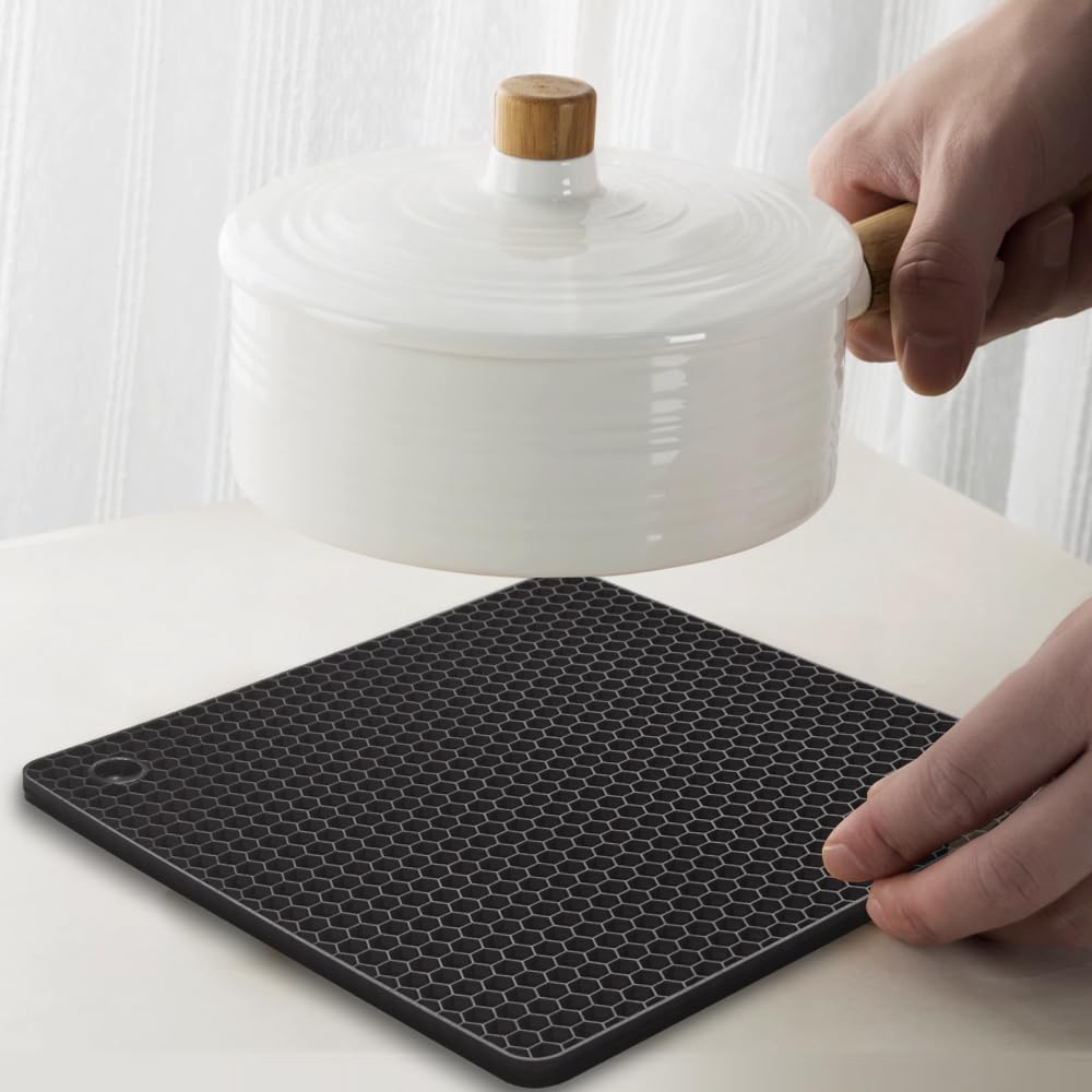 homEdge Silicone Square Trivets Mat, 6 Packs Multipurpose Non Slip Heat Resistant Pot Holder-Black