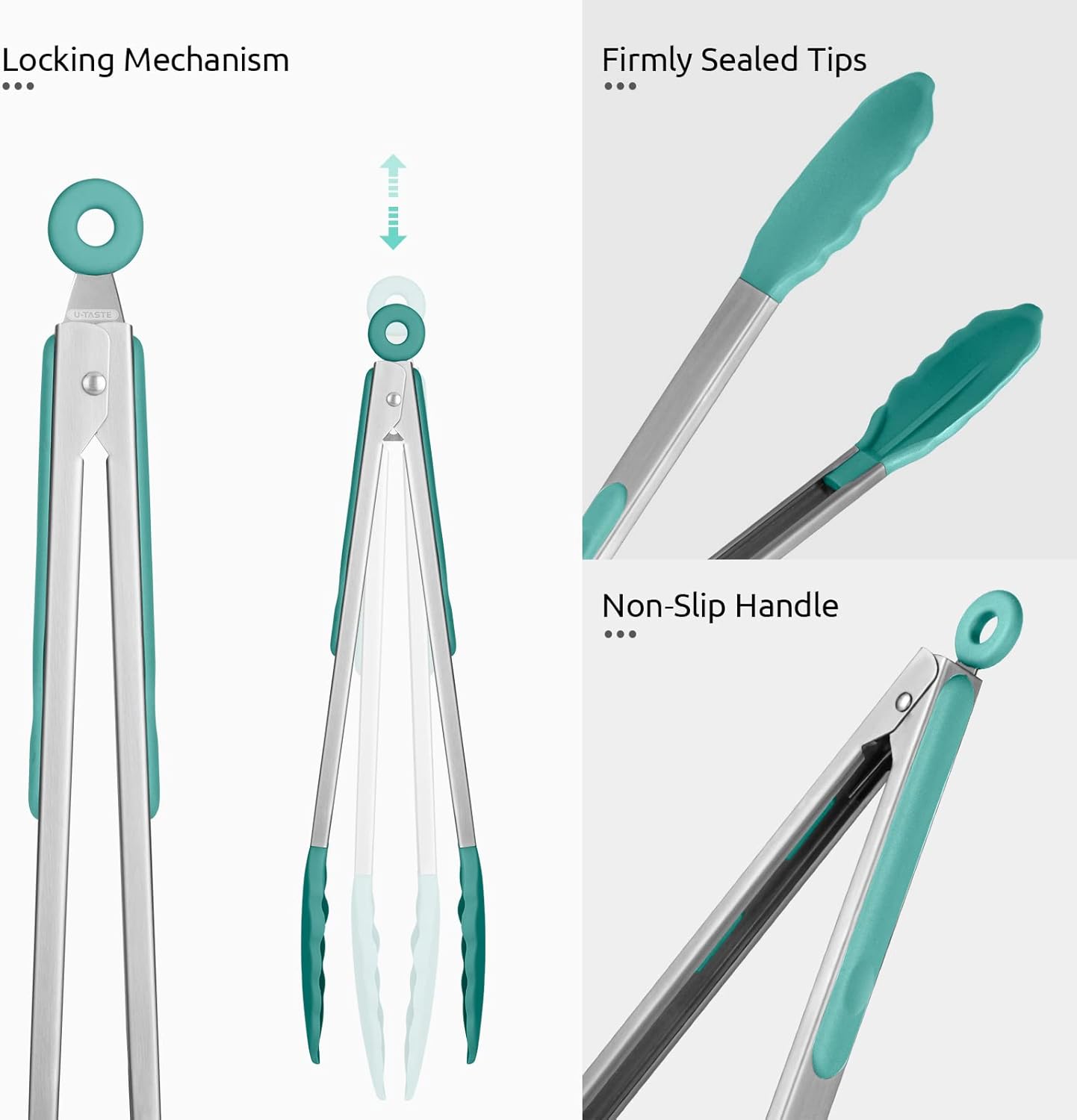 Heat Resistant Silicone Kitchen Tong: U-Taste 12 inch Large 480ºF Hot Proof Cooking Tong with Sturdy Non Stick Rubber Tips & Silicon Coated Steel Handle & Smooth Locking for Serving Salad (Aqua Sky)