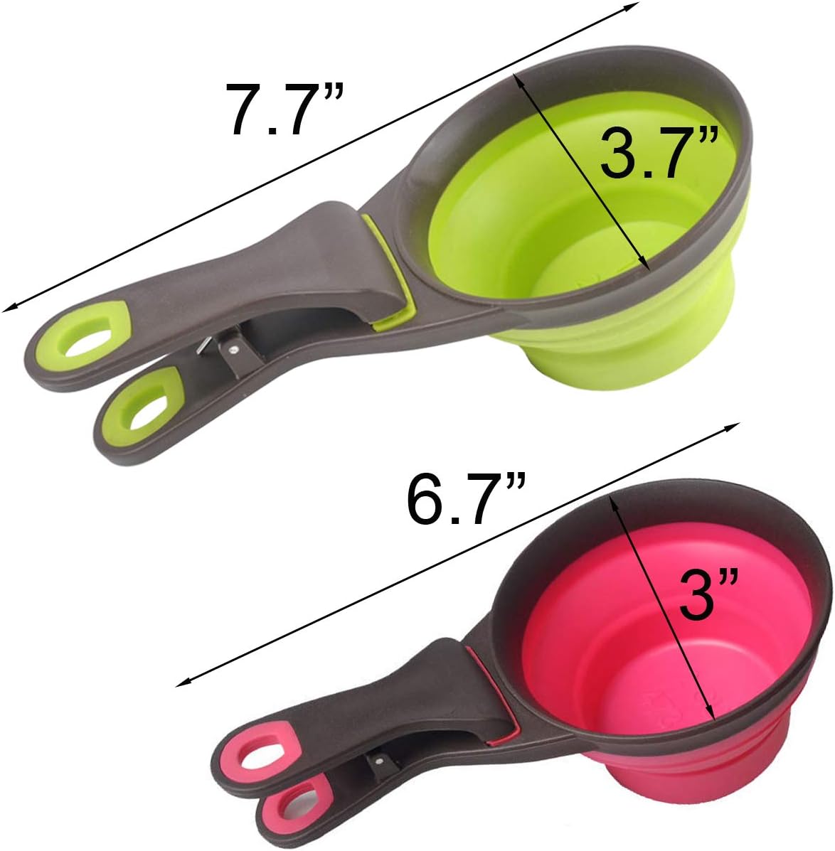 Collapsible Pet Scoop Silicone Measuring Cups Set Sealing Clip 3 in 1 Multi-Function Scoop Bowls Bag Clip for Dog Cat Food Water Set of 2 (1 Cup & 1/2 Cup Capacity) (Multicolor)