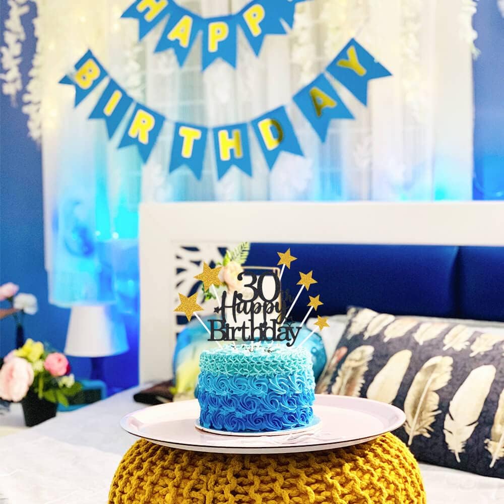 Glittery 30th Happy Birthday Cake Topper with Star,Personalised 30 Birthday Cake Toppers Party Decorations Party Supplies for Men Women Black Gold