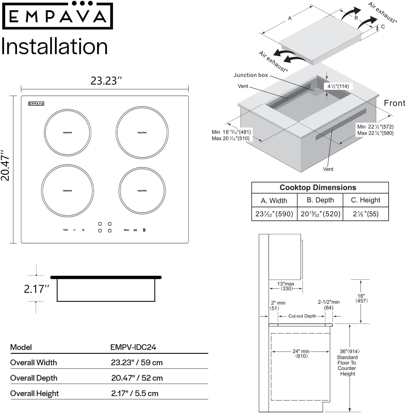 Empava 24 Inch Electric Induction Cooktop 4 Burner Built-in Smooth Glass Stove Top with Power Boost, Touch Control, Timer, Child Lock, Residual Heat Indicator, Hardwired