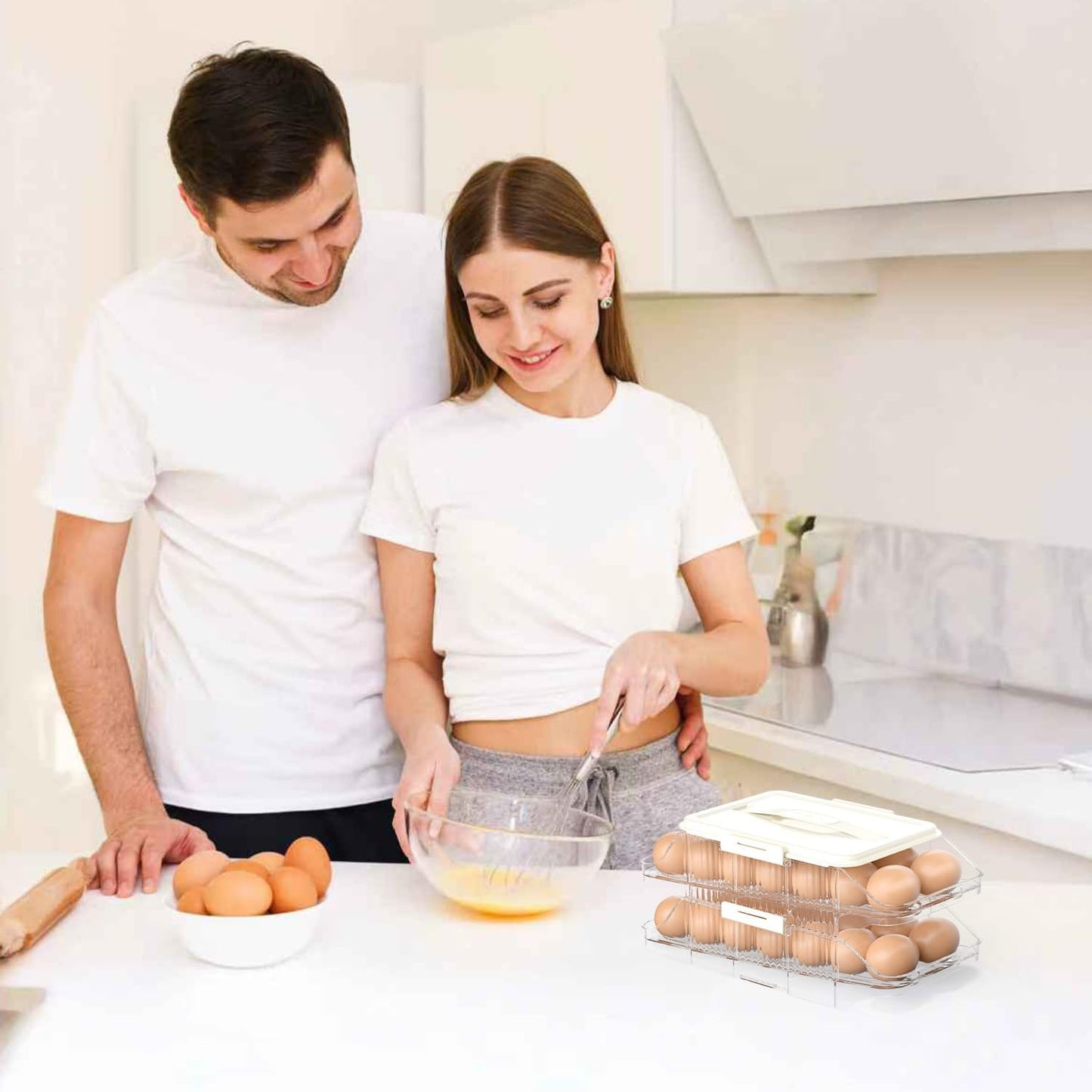 Automatic Rolling Egg Holder for Fridge, Clear Plastic Egg Organizer with Handle for Refrigerator, Egg Container for Kitchen Storage, 2 Row 2 layers