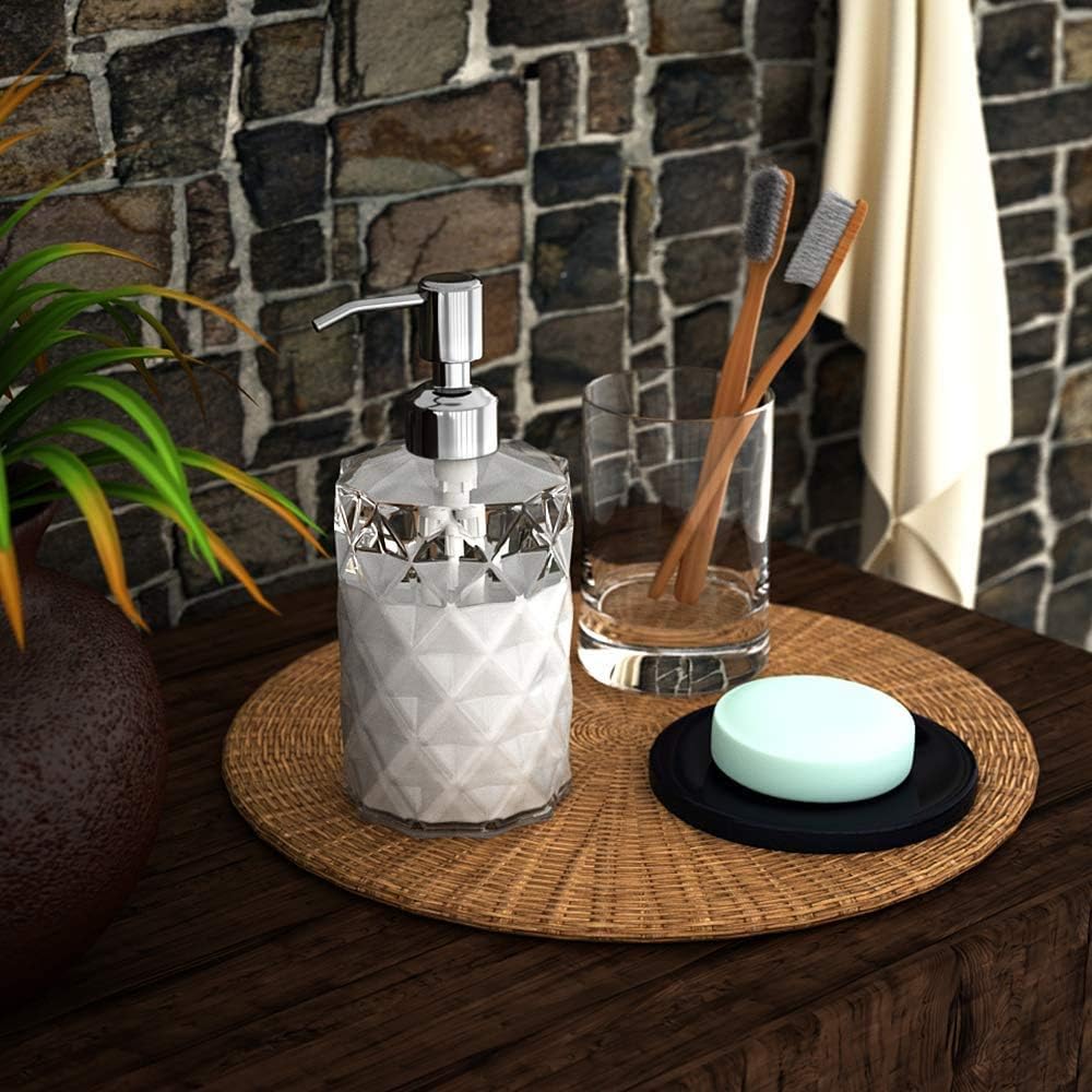 GLADPURE Soap Dispenser - 2 Pack, 12 Oz Clear Diamond Design Glass Refillable Hand Soap Dispensers; with 304 Rust Proof Stainless Steel Pump, Lotion Dispensers for Kitchen, Bathroom