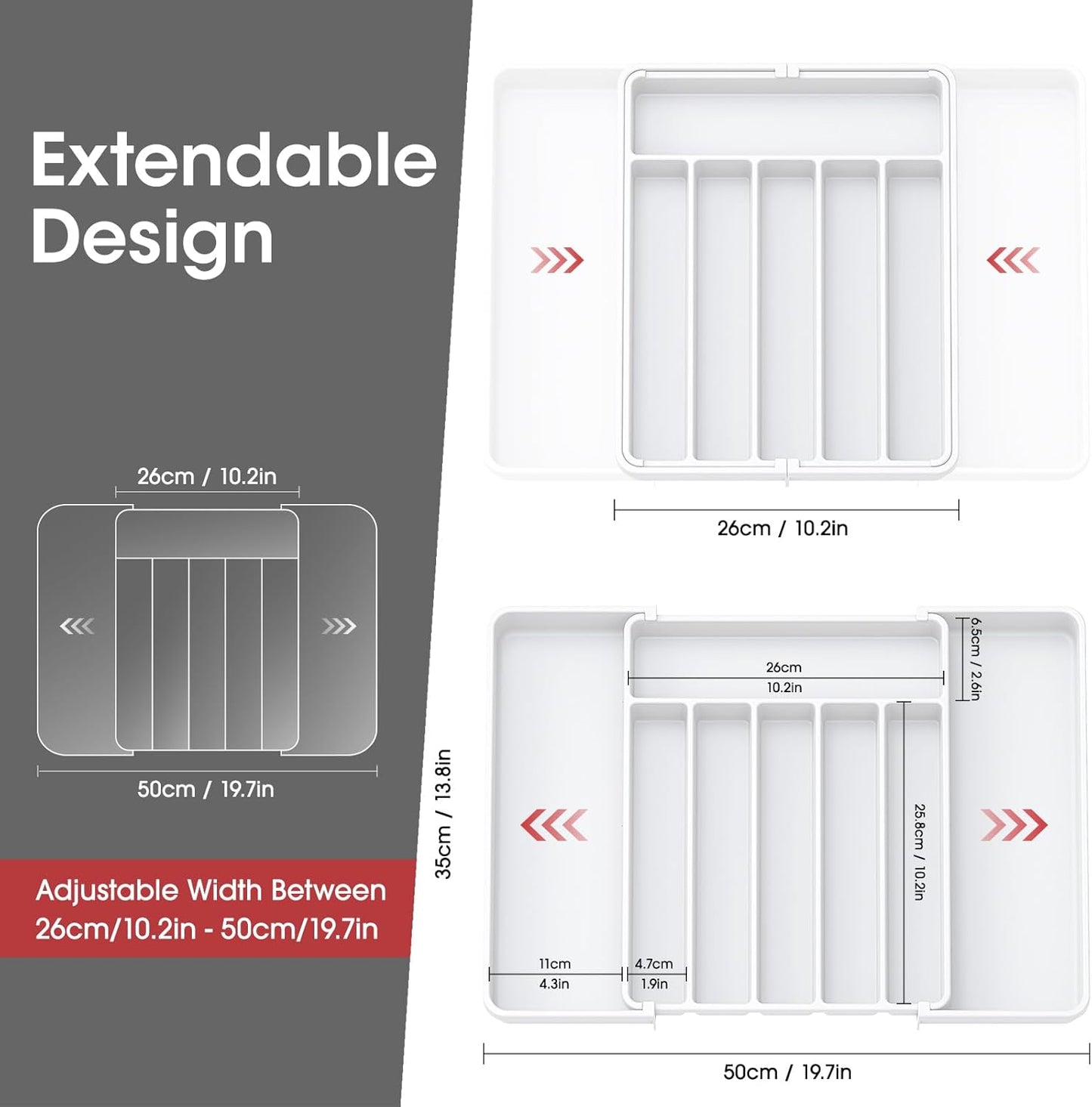 Aujen Silverware Organizer - Expandable Kitchen Drawer Organizer, Adjustable Utensil Organizer, Cutlery Tray for Forks, Knives, Multipurpose Kitchen Organizers and Storage Solution, White, Large