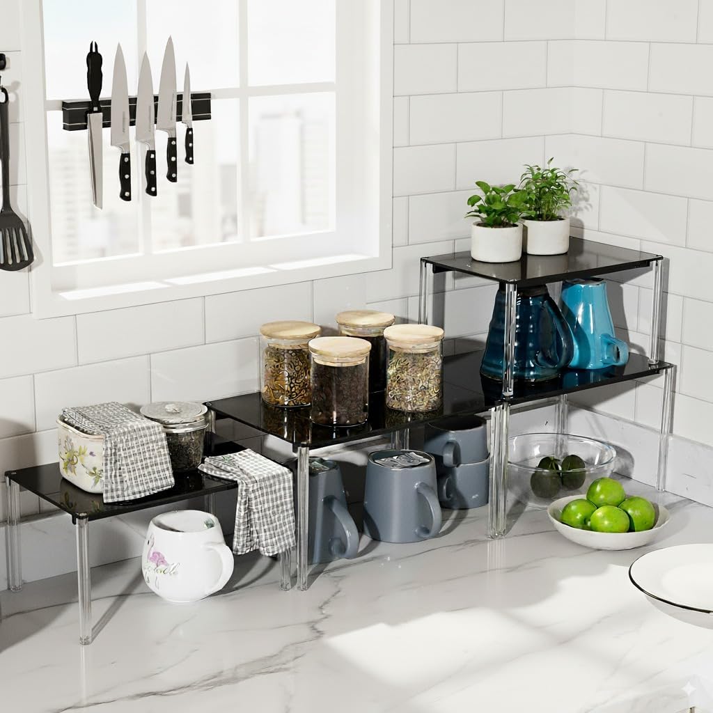 Cabinet Organizer Acrylic Spice Rack, 4 Pack Stackable Shelf Riser for Kitchen Pantry Countertop, Expandable Storage Organizer for Bathroom Office