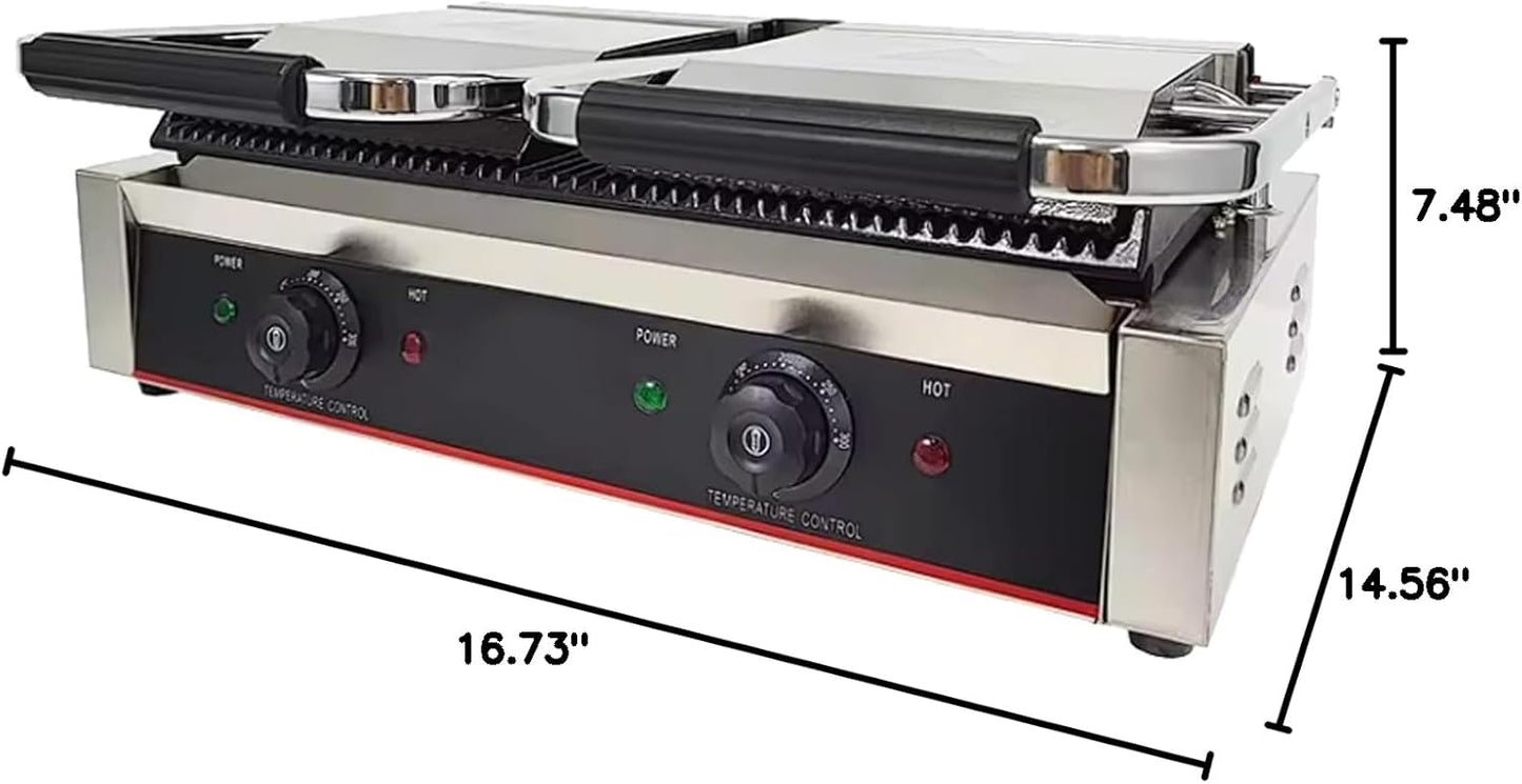 Commercial Panini Press With Grooved Grill Sandwich Maker Machine Electric Contact Grill Single (Double Grooved Top&Bottom)