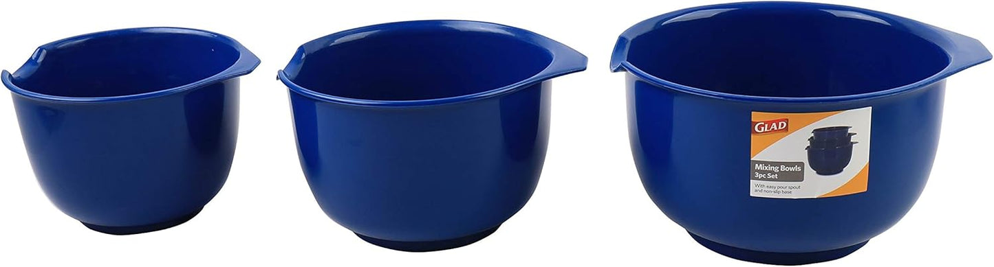 GLAD Mixing Bowls with Pour Spout, Set of 3 Nesting Design Saves Space Non-Slip, BPA Free, Dishwasher Safe Plastic Kitchen Cooking and Baking Supplies, Blue