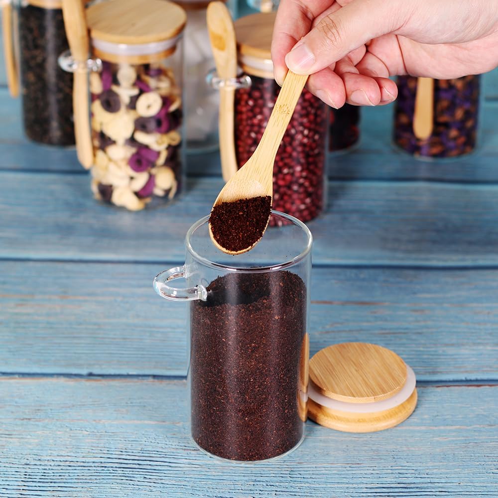 Glass Jar with Bamboo Lid and Spoon, 8Pack 10 OZ Tea Containers for Loose Leaf Tea, Salt and Sugar Containers for Countertop, Yogurt Jars for Overnight Oatmeal