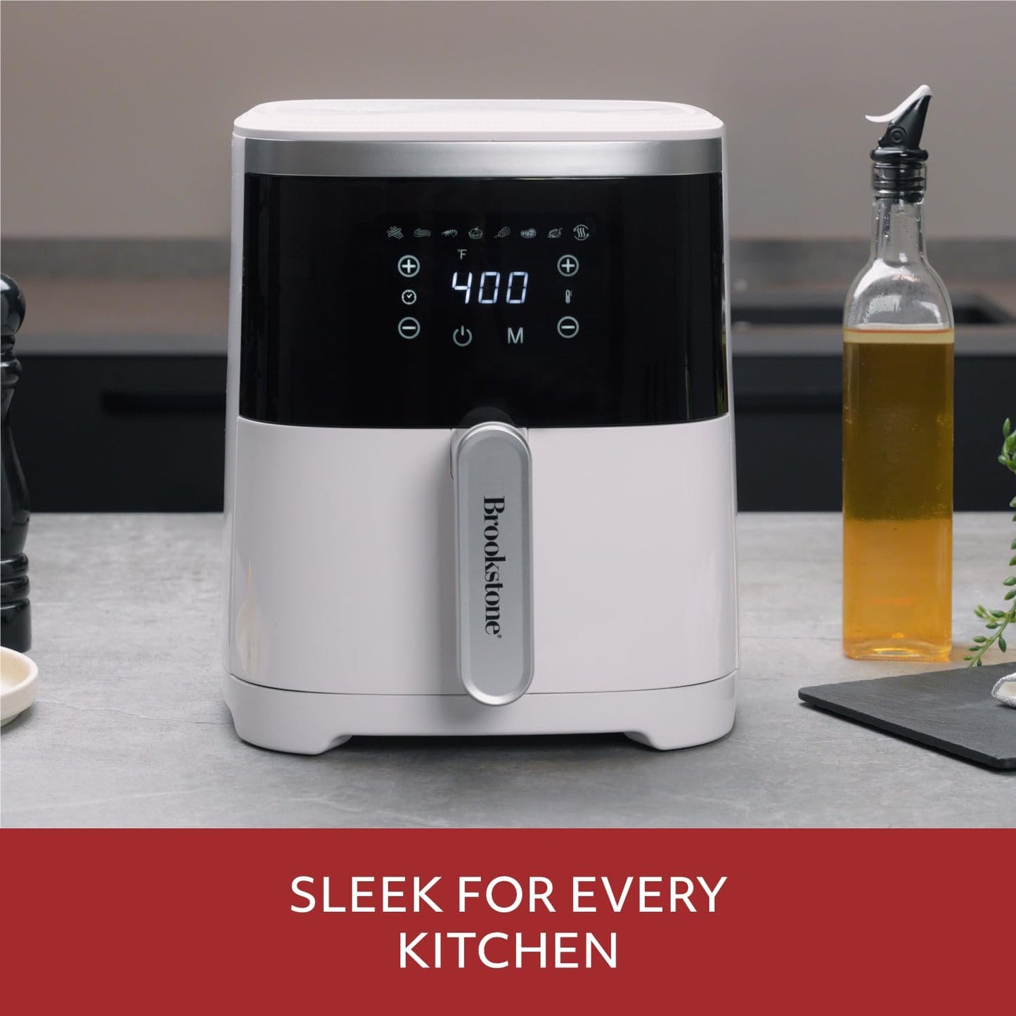 Brookstone Air Fryer – 4.5 Qt, 1300W Large Capacity Fryer with LED Display, 8 Presets, Adjustable Temp, Oil-Free Kitchen Appliance for Baking, Roasting, Frying, Healthy Crispy Meals, White