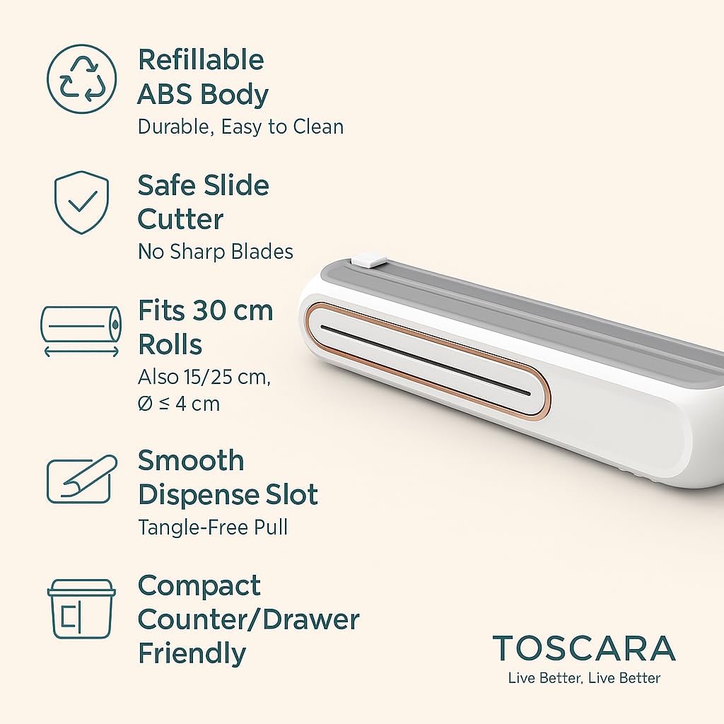 Food Plastic Wrap Dispenser β Refillable ABS Plastic Wrap Dispenser with Safe Slide Cutter β Compact Cling Film, Foil & Baking Paper Easy-Cut Organizer for Fresh Food Storage- Fit 30cm roll
