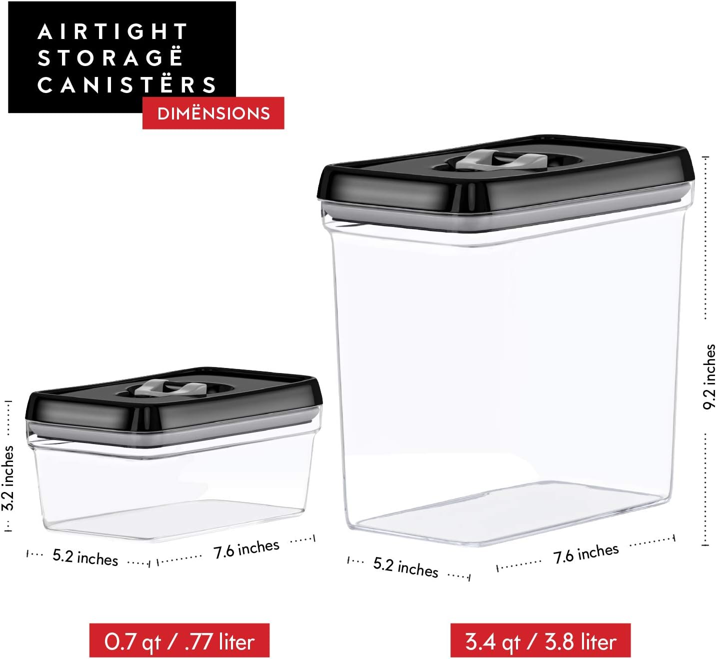 DWËLLZA KITCHEN Large Airtight Food Storage Containers - Clear Plastic Bulk Food Pantry & Kitchen Storage Containers for Flour, Sugar and Baking Supplies 4 Pcs. BPA-Free, Keeps Fresh & Dry (Black)