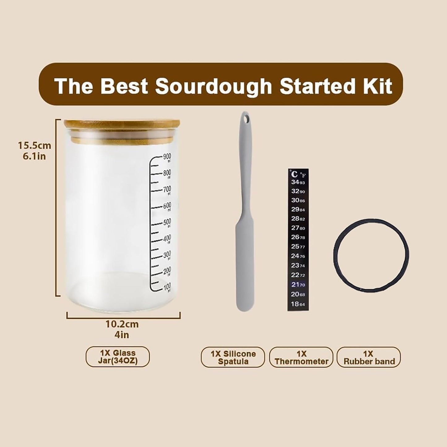 BRIRILINE Pro Sourdough Bread Starter Kit - 34 oz sourdough jar with 5 unique features for the perfect sour dough bread & sourdough starter kit - baking supplies (34oz-3pack)
