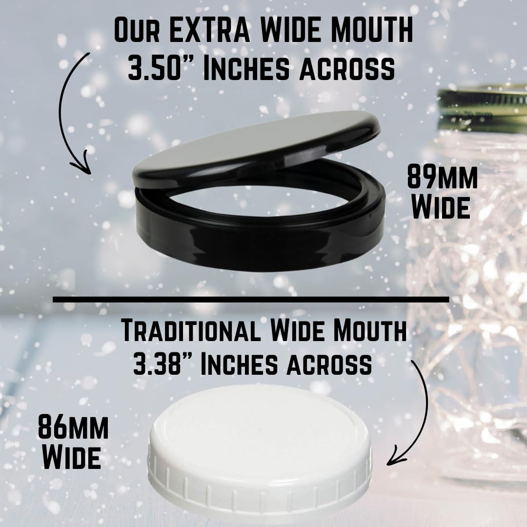 Jarming Collections Mason Jars - 16 oz Glass Extra Wide Mouth Pint Storage Jars with Black Flip Snap Lids - Made in USA