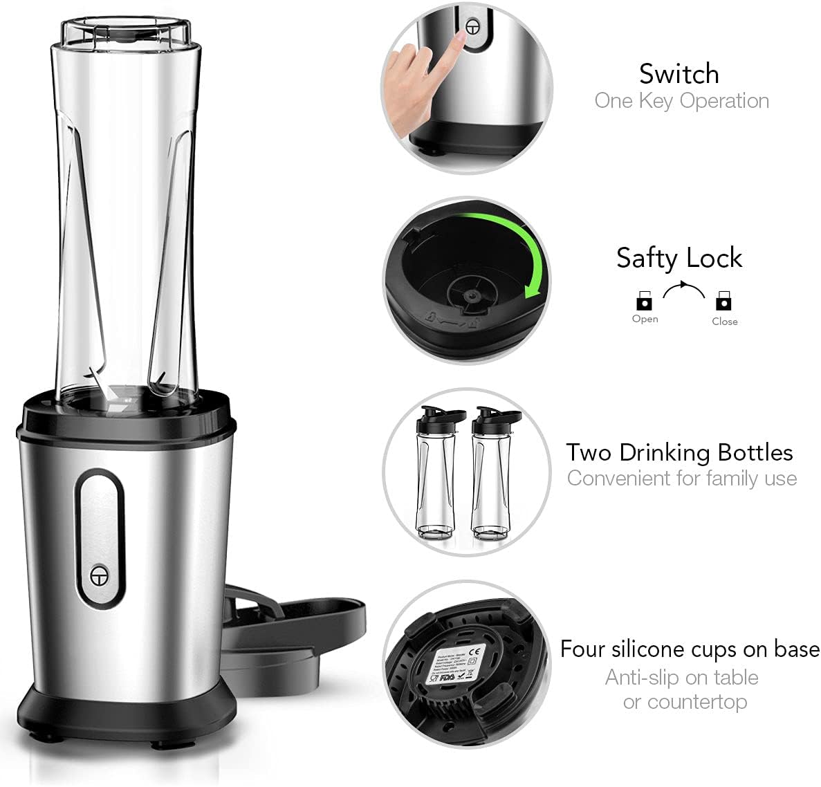 Electric Smoothie Blender, Powerful Small Blender with 2 Portable 20oz Tritan blender Bottles, BPA-Free Personal Blender with 4 Stainless Steel Blades, Mixer Smoothie Maker for Shakes and Smoothies