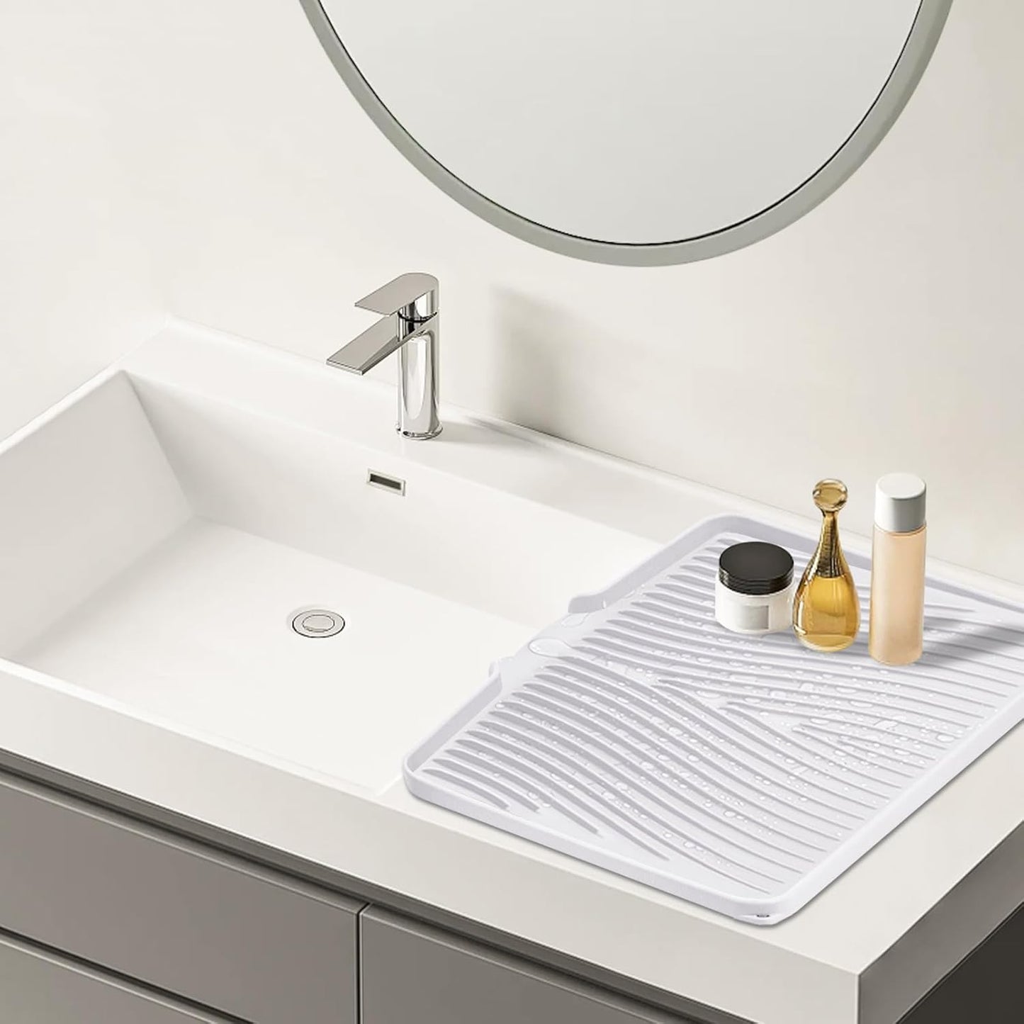 Dish Drying Mat,Stone Drying Mat for Kitchen Counter with Built-in Drain,Non-Slip Drying Matt Kitchen Counter, Heat Resistant Silicone Drying Mat, Dish Drying Pad, 2 Pcs(Ivory, 19.7"x17")