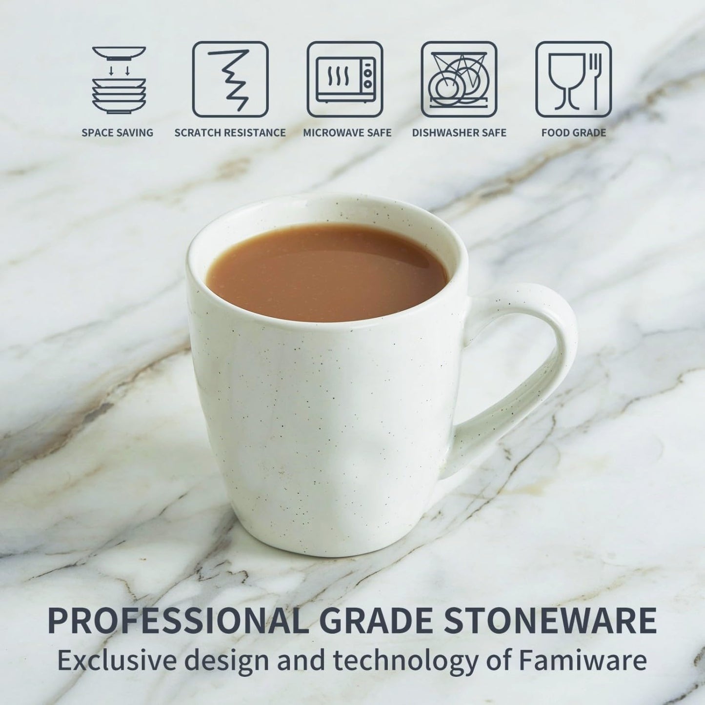 famiware Mars 4 Pieces Coffee Mug, 14 oz Tea Mug, Catering Mugs with Handle for Coffee, Tea, Cocoa, Milk, White