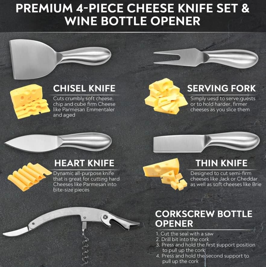 Handcrafted Italian Olive Wood Cheese & Charcuterie Board Set with Unique Blue Resin Artwork - Cutting Board Comes with 4 Cheese Knives, 2 Dipping Bowls & Corkscrew Wine Opener (Blue)