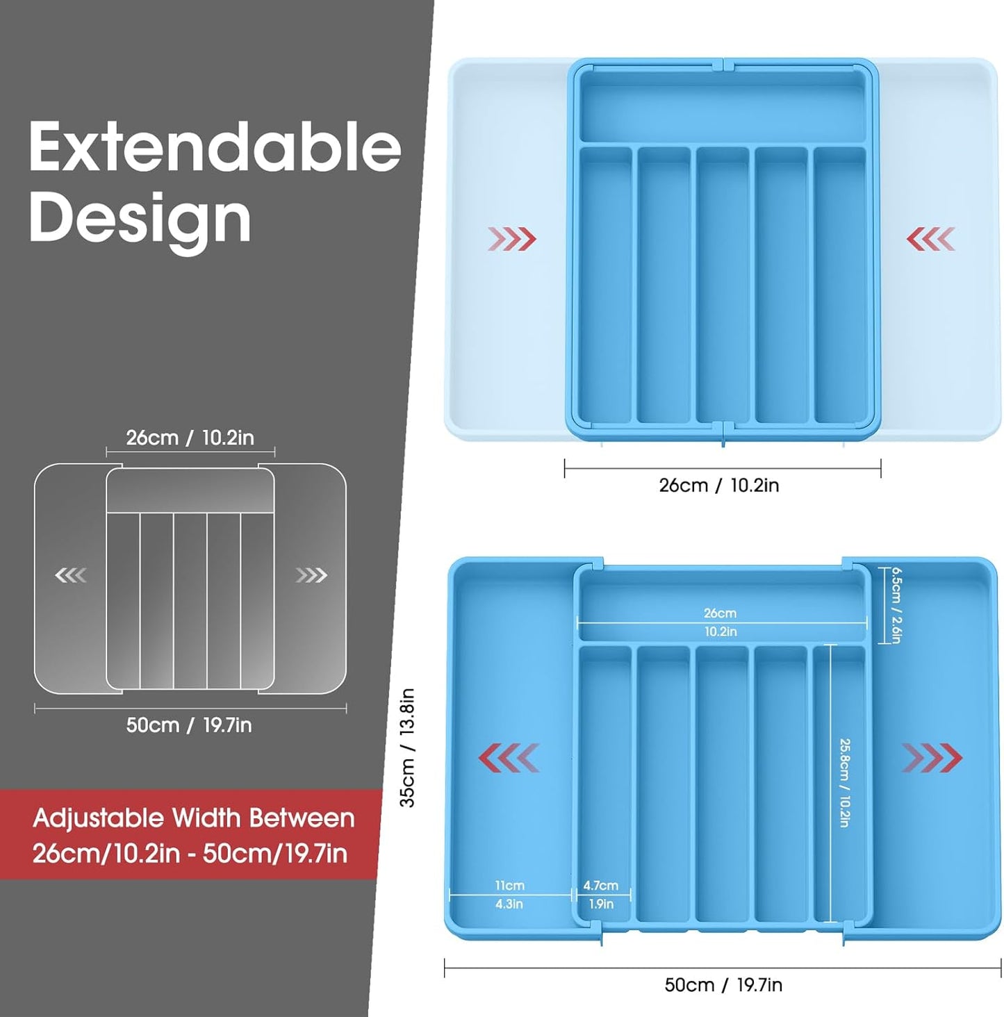 Aujen Silverware Organizer - Expandable Kitchen Drawer Organizer, Adjustable Utensil Organizer, Cutlery Tray for Forks, Knives, Multipurpose Kitchen Organizers and Storage Solution, Dark Blue, Large