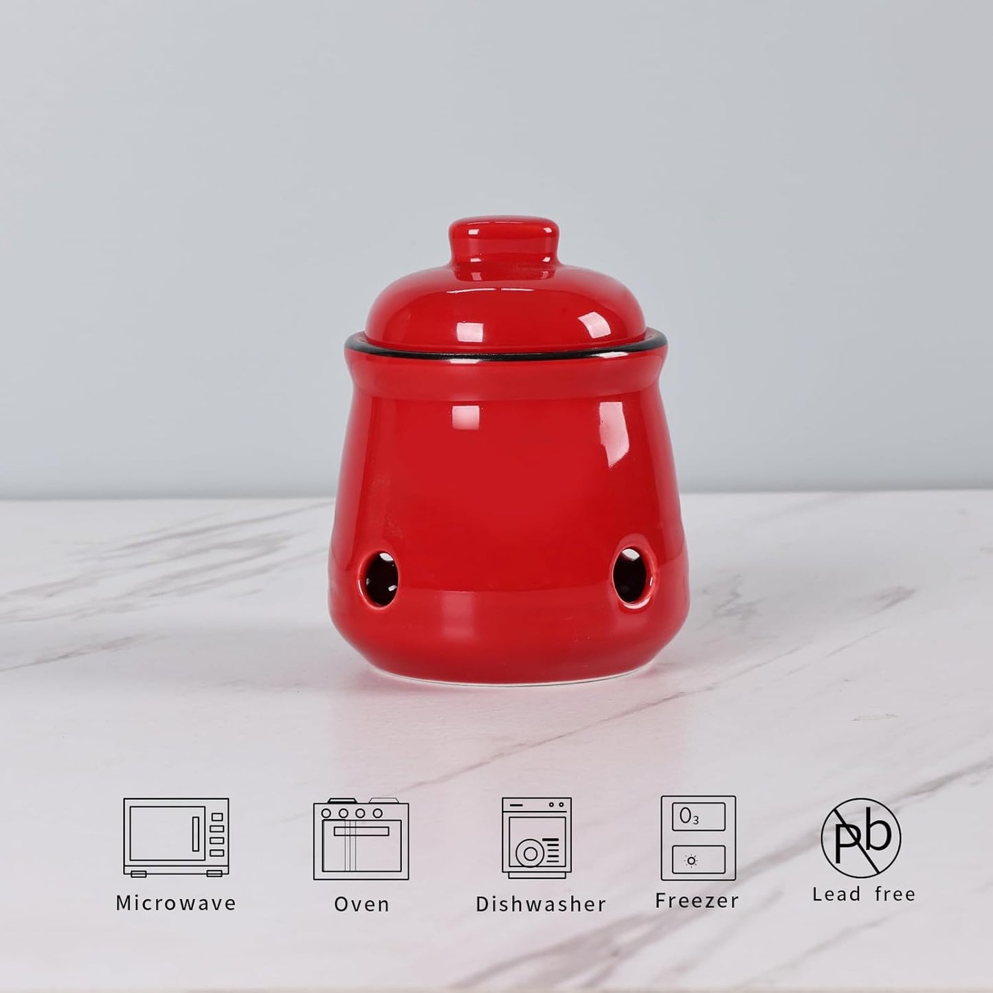 HAOTOP Ceramic Mini Garlic Keeper with Lid, Garlic Container Saver for Countertop, Keep Your Garlic Cloves Fresh (Red)