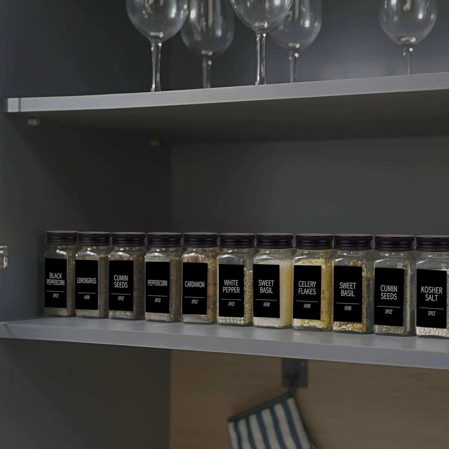 Churboro 66 Spice Jars with 547 Labels- Glass Spice Jars with Black Metal Caps, 4oz Empty Spice Containers with Shaker Lids, Funnel, Chalk Pen, Square Seasoning Bottles for Spice Rack, Drawer, Cabinet