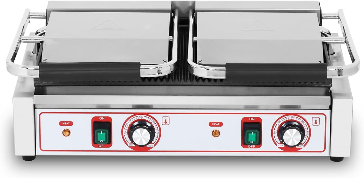 Commercial Panini Grill Grooved Press Sandwich Maker Industrial Panini Machine Single Grill Big (Double Ribbed Panini Press Grill)