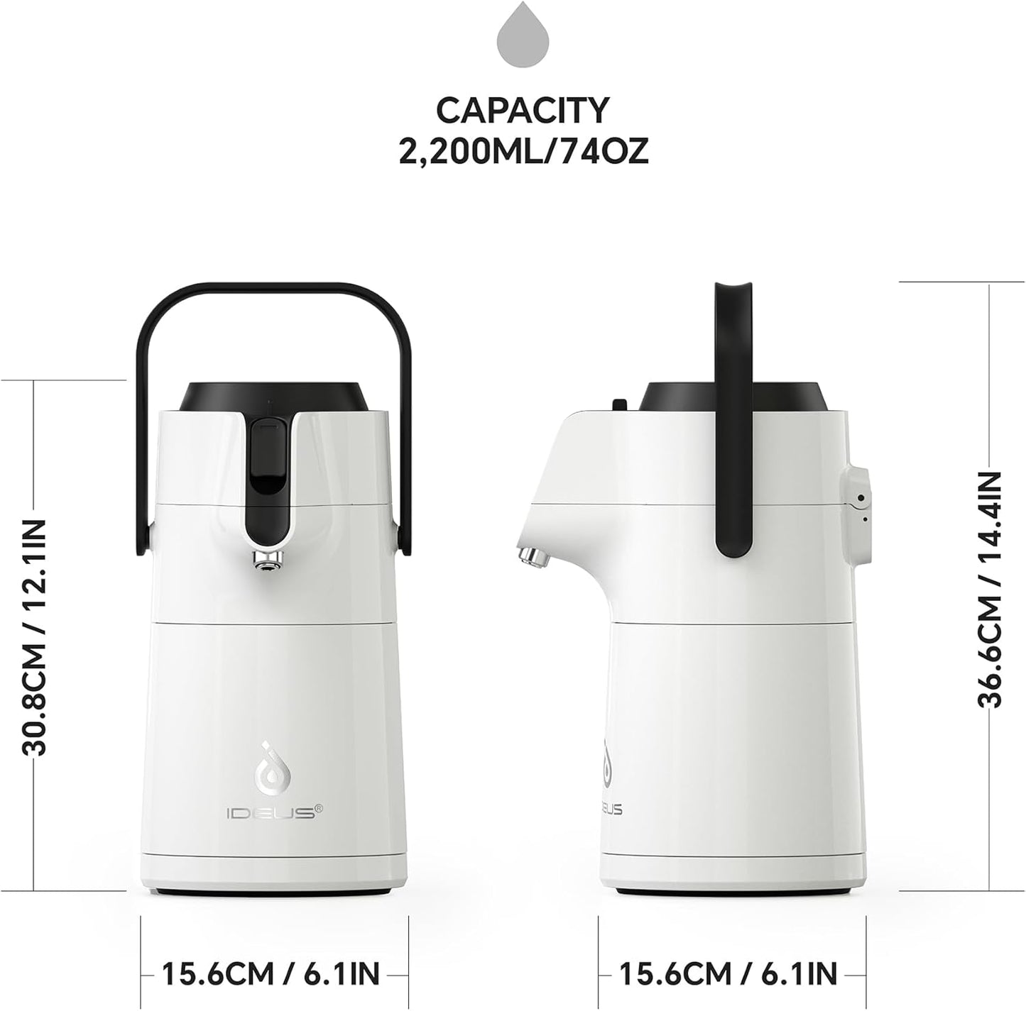 IDEUS Thermal Coffee Carafe 74oz (2,200ml), Stainless Steel Double Wall Insulated Vacuum Flask, Water Jug Coffee Server and Beverage Dispenser, Heat and Cold Retention (White, 74oz (2,200ml))