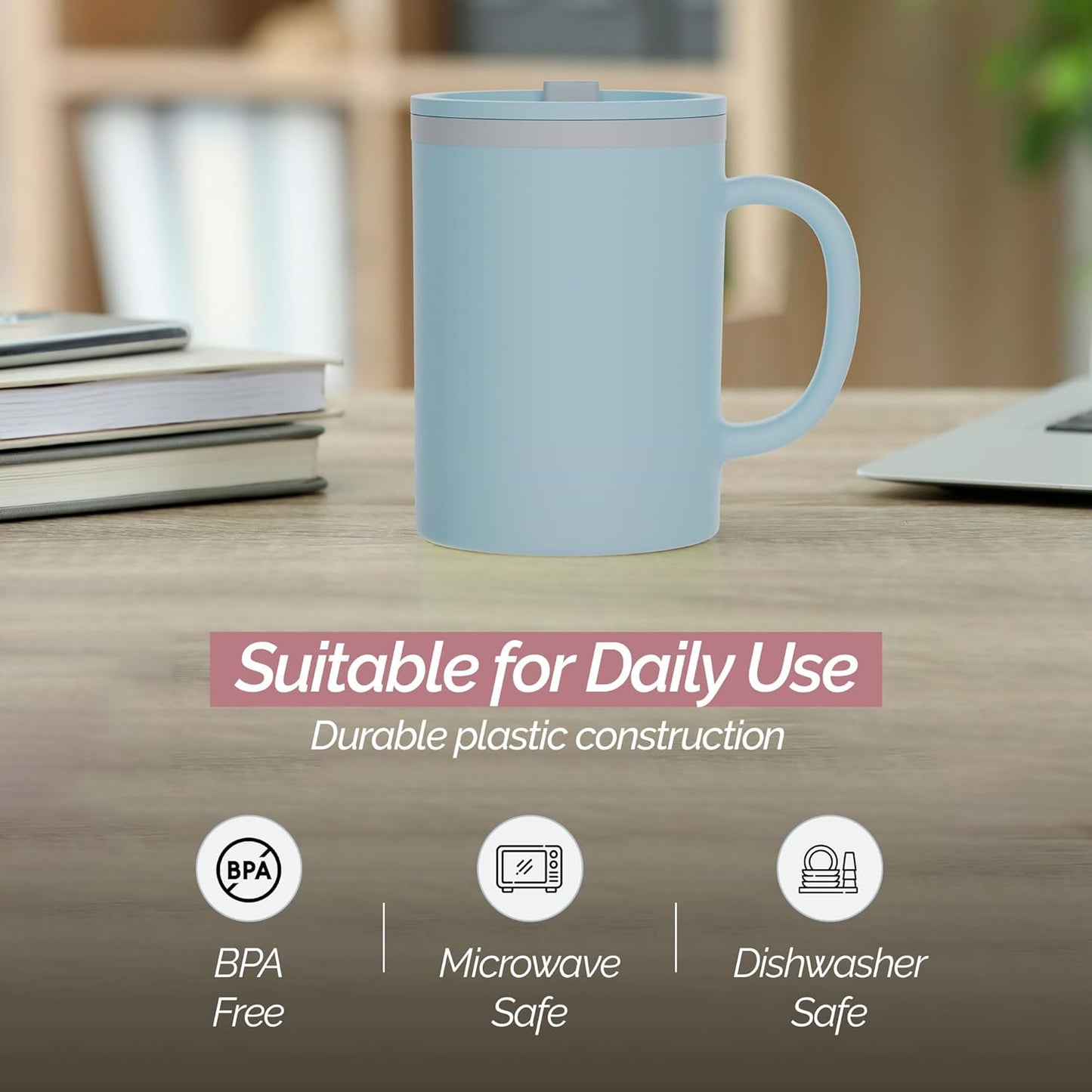 Copco Iconic 16oz Double Wall Insulated Desk Mug with Lid and Handle, Set of 2, BPA-Free Reusable Plastic, Spill-Proof, Microwave & Dishwasher Safe, Wide Mouth, Cup Holder Friendly (Light Blue/Pink)