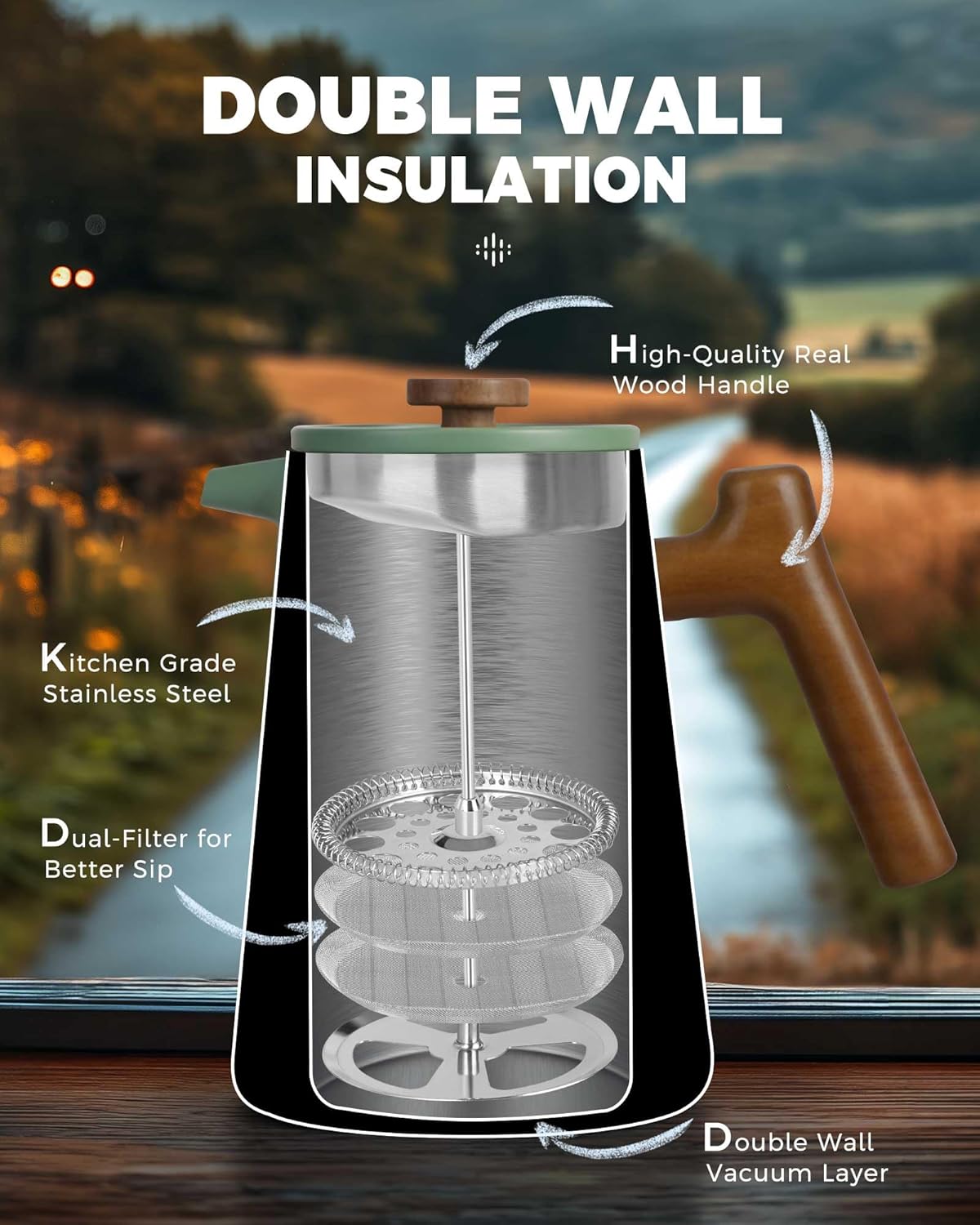 POLIVIAR French Press Coffee Maker, 34 oz Coffee Press with Real Wood Handle, Double Wall Insulation & Dual-Filter Screen, Food Grade Stainless Steel for Good Coffe and Tea, JX2025-XFPN