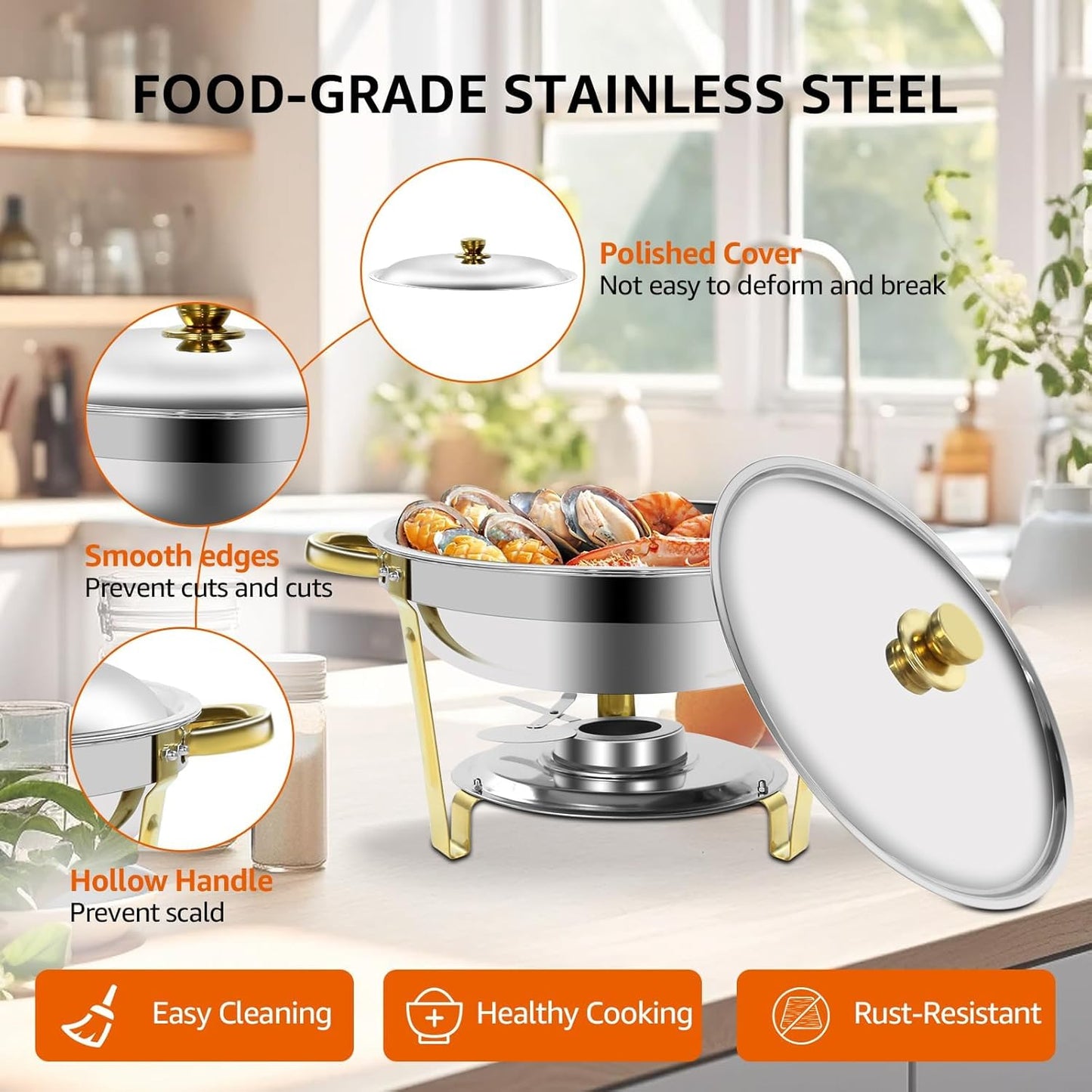 Gold & Silver Chafing Dishes for Buffet with Lid 5QT, 4 Pack - Food-Grade Stainless Steel Chafers and Buffet Warmers Sets with Lid Holder, Rolled Edge Design, for Party, Banquet