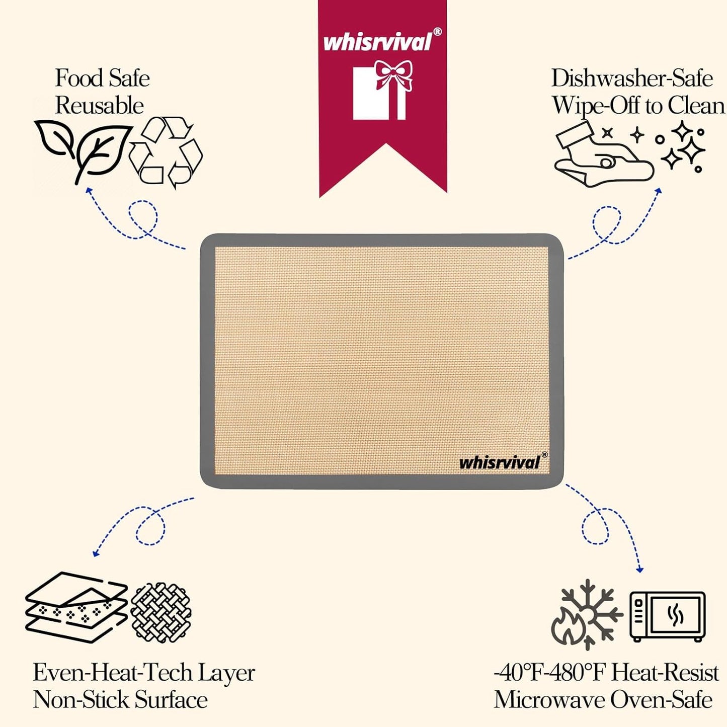 4 Pcs Silicone Baking Mat, Non-Stick Baking Mat, Food Safe Silicone Mats for Baking Cookies, Macarons, Vegetables, 480℉ Heat Resistant (Grey)