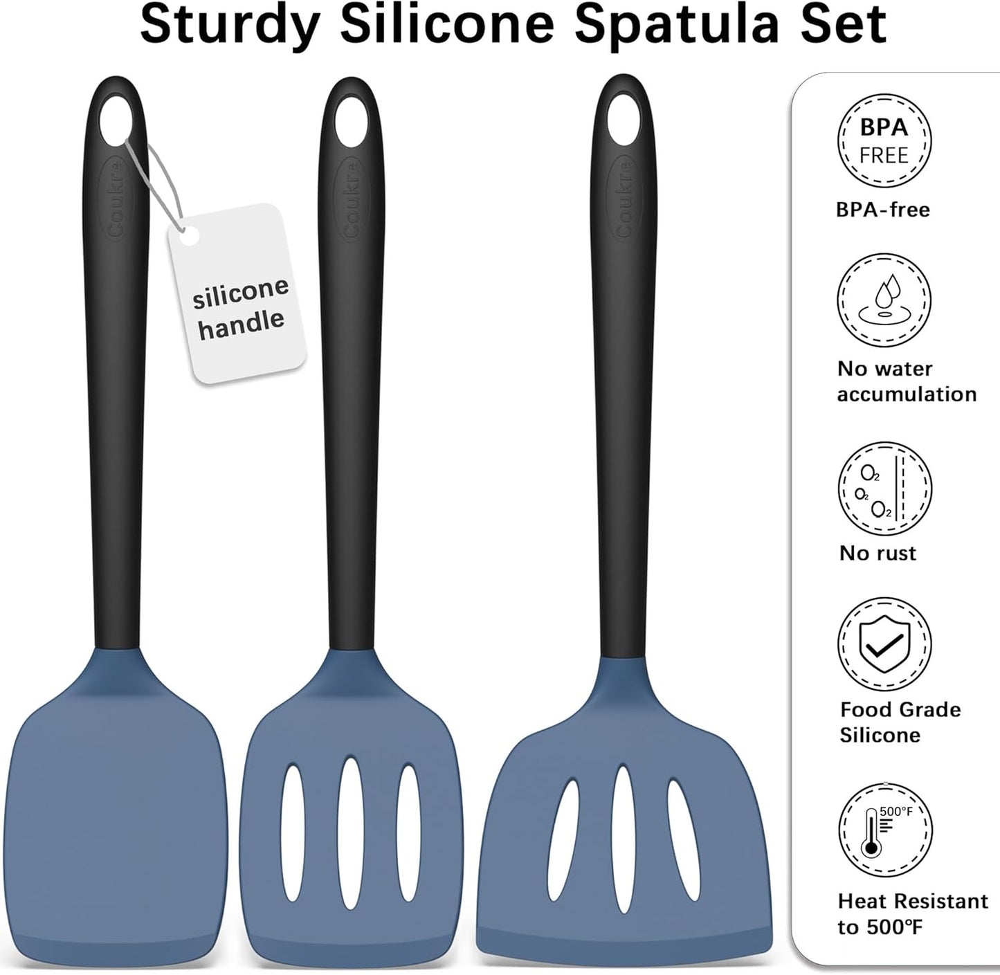 Coukre Silicone Spatula Set of 3, High Heat Resistant, BPA-Free, Kitchen Utensils, Fish Spatula, Solid & Slotted Turner for Non-Stick Pans, Flipping Eggs, Pancakes, Fish, Burgers (3, DarkBlue)