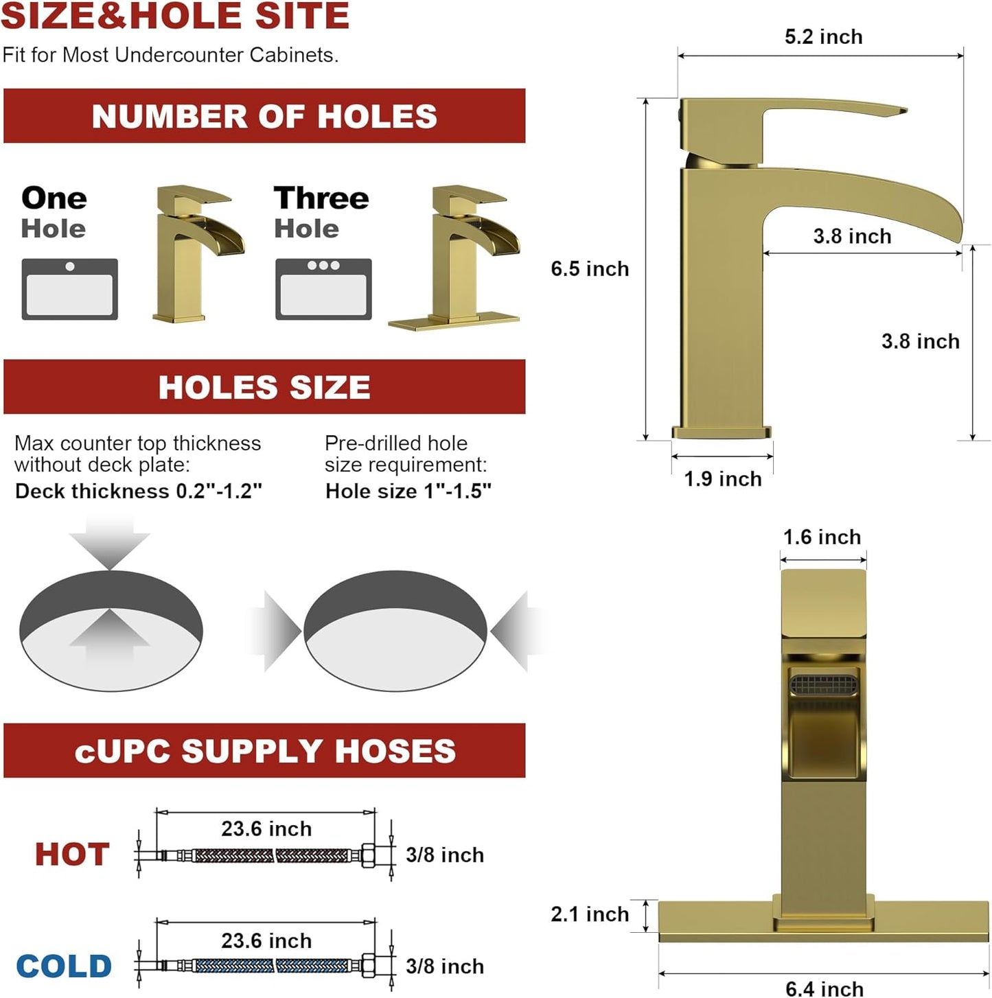 Brushed Gold Bathroom Faucet Waterfall Vanity Faucet for Brass 1 Hole Sink Single Handle Modern Mixer Tap with Pop-up Drain Stopper for Lavatory Farmhouse Rv