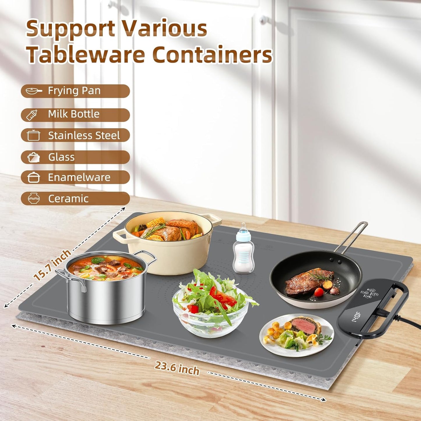 Electric Warming Tray with 7 Adjustable Temperatures, Hanging & Foldable Food Warmer Mat with Child Lock, 11 Timer Settings, Fast Heating Plate for Buffet, Paties, Family Gatherings, Holidays, Gray