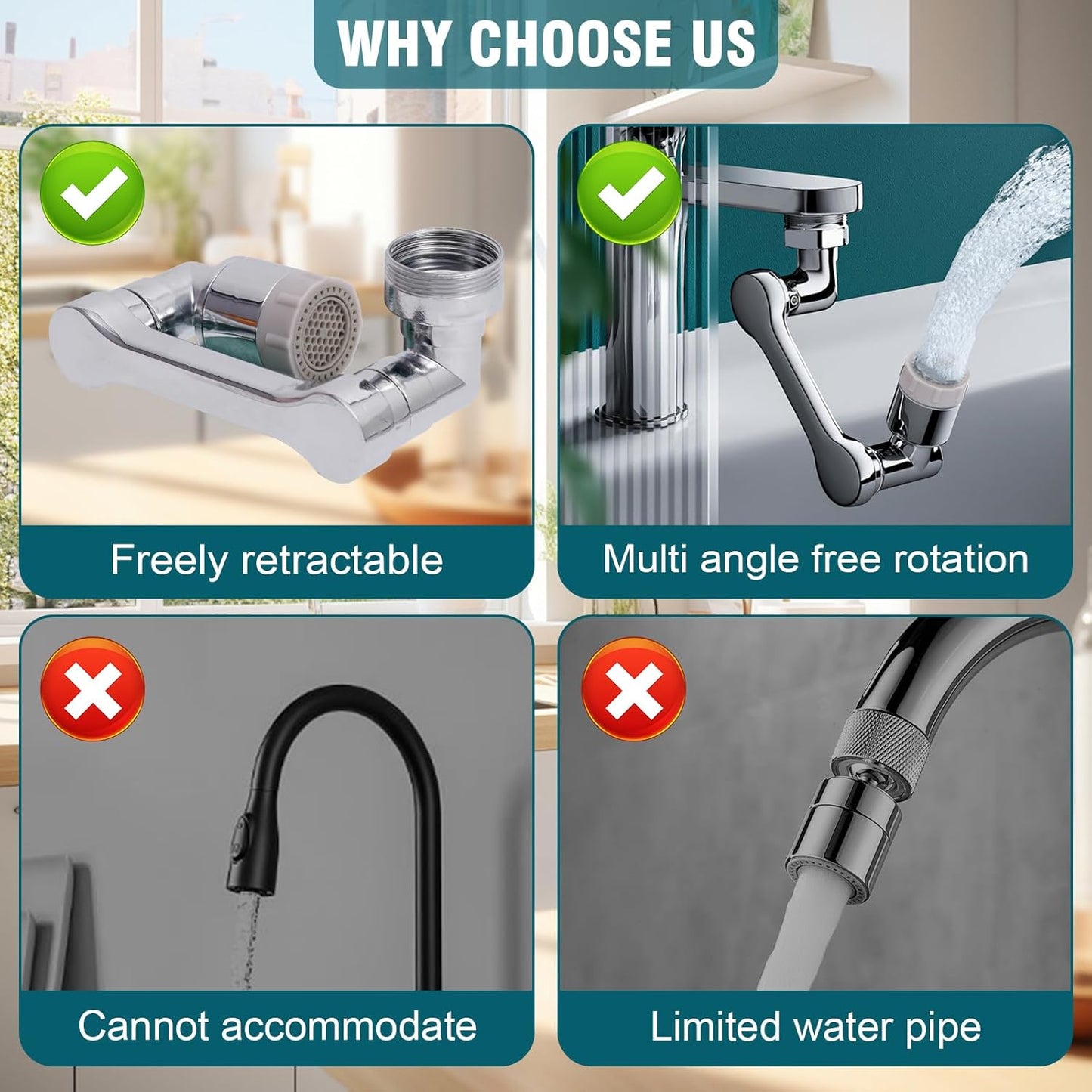 Faucet extender 1080 ° rotation, faucet extender, rotating robotic arm, suitable for bathrooms and kitchens, with 2 water flow modes for washing eyes/hair/face (silvery)