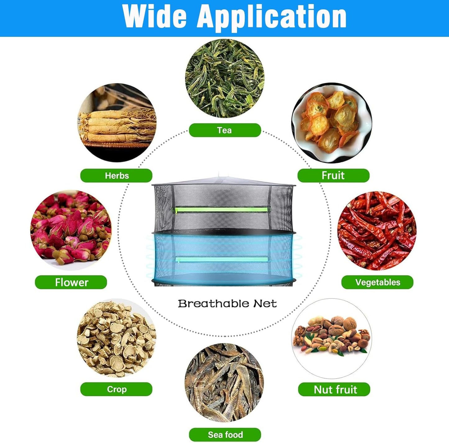 Herb Drying Rack, Breathable Mesh, 2-Layer, Black, Nylon & Polyester, 8x24x24 Inches, 2.2 lbs Capacity, Foldable, Ceiling Mount, Ideal for Herbs, Jerky, Meat, Plants, Fish, Clothes, Nuts