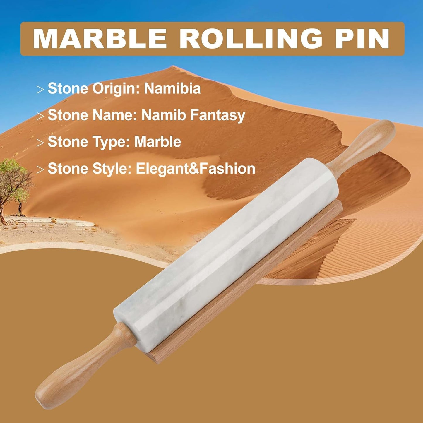 Koville African Natural Marble Rolling Pin, Non-Stick Polished Dough Roller, Pasta, Dumpling, Fondant, Pie Crust, Bread, Pizza Dough, Kitchen Baking Pastry Tools with Mat/Scraper(Namib Fantasy)