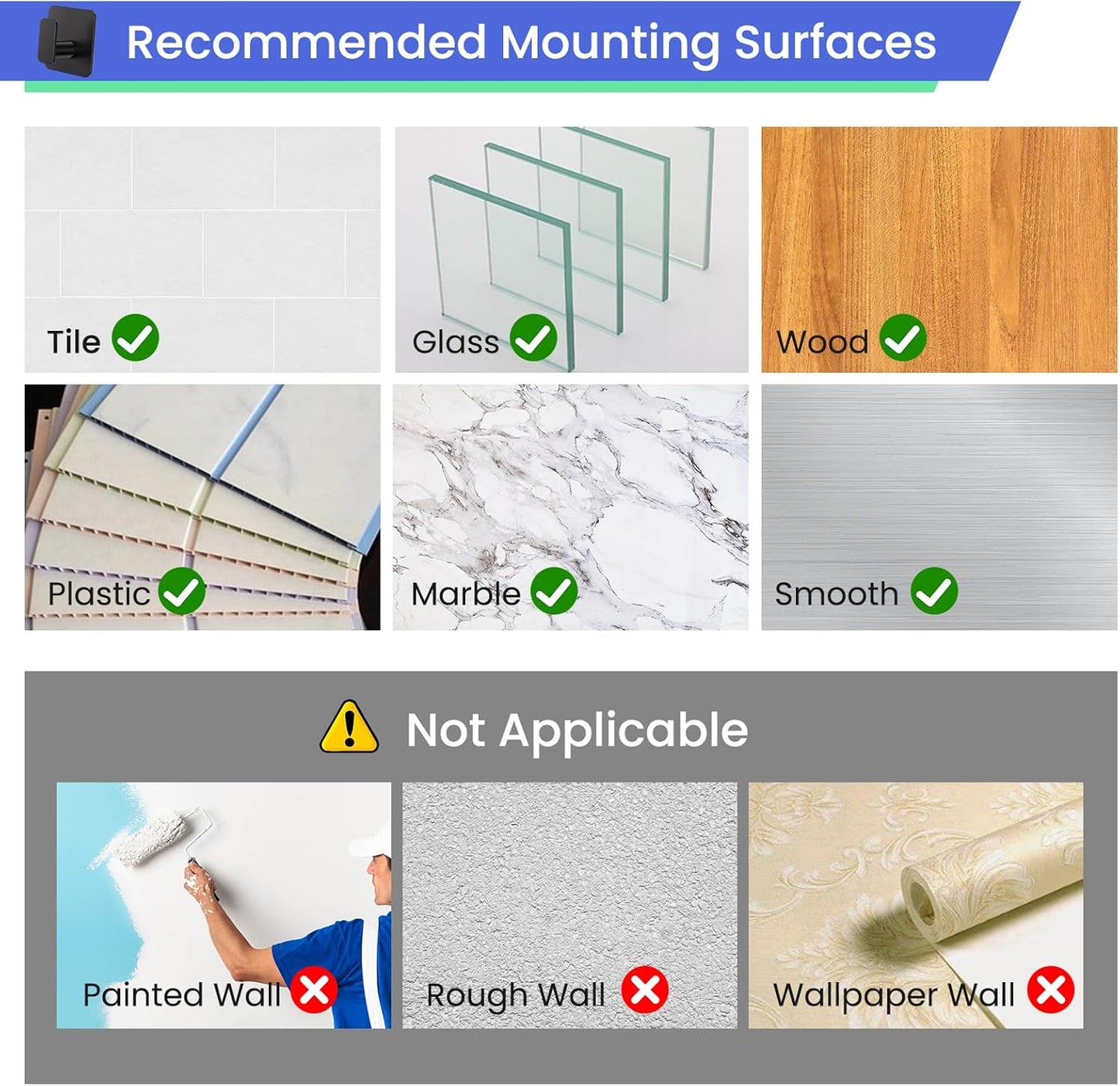 Black Hooks for Hanging Heavy Duty, Adhesive Hooks for Shower, Bathroom, Kitchen, Robe, Towel, Coat, Waterproof & Rustproof Hook for Walls No Damage, Stainless Steel Sticky Hook - 6 Pack