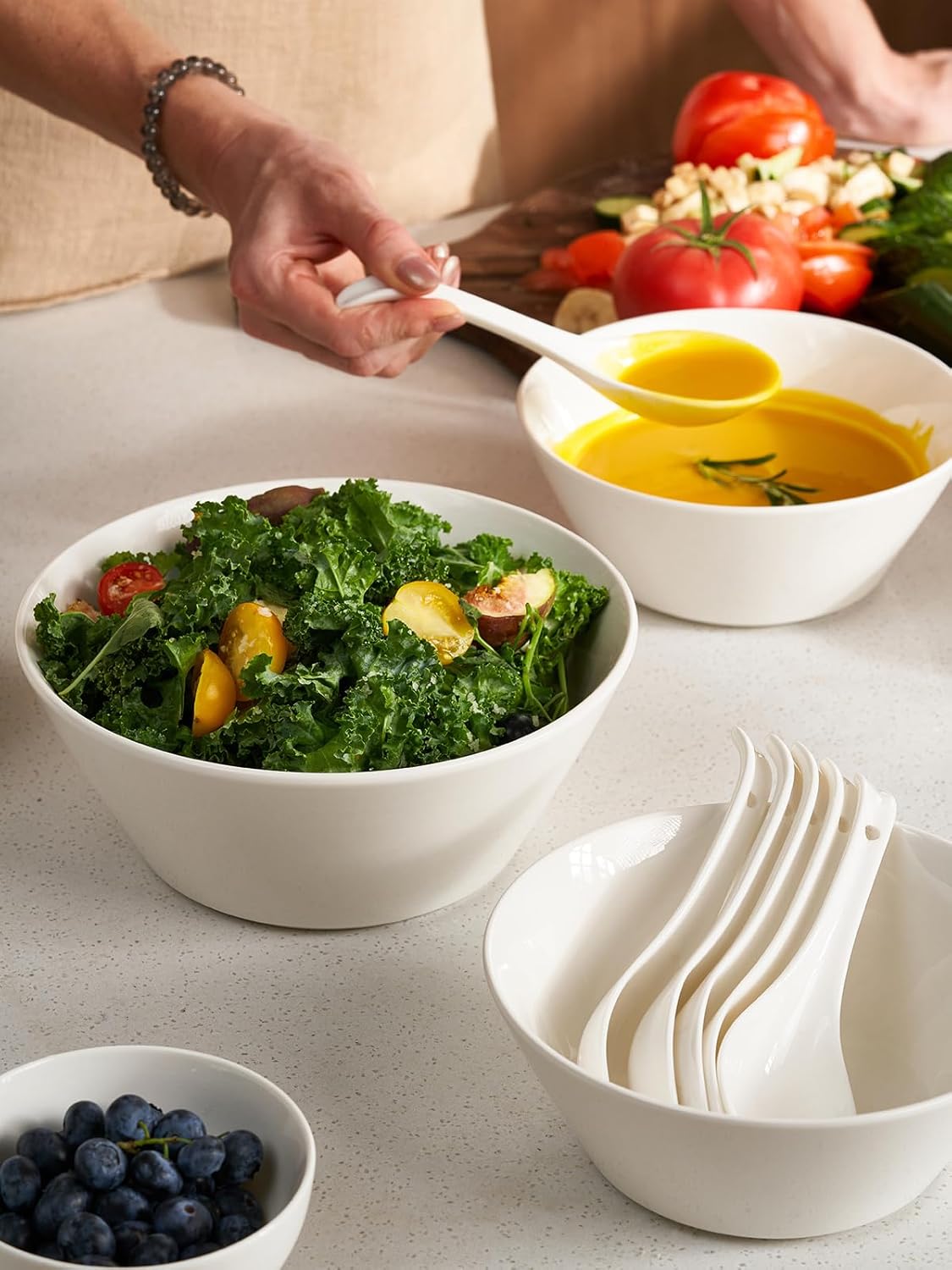 DOWAN 58.5 OZ Large Ceramic Salad Bowls Set of 4 - Microwave & Dishwasher Safe, Ideal for Salad, Fruit, Pasta, Snacks, Oatmeal - Soup Bowls Set for Restaurant, Party, Daily Use, Wedding, Off-White