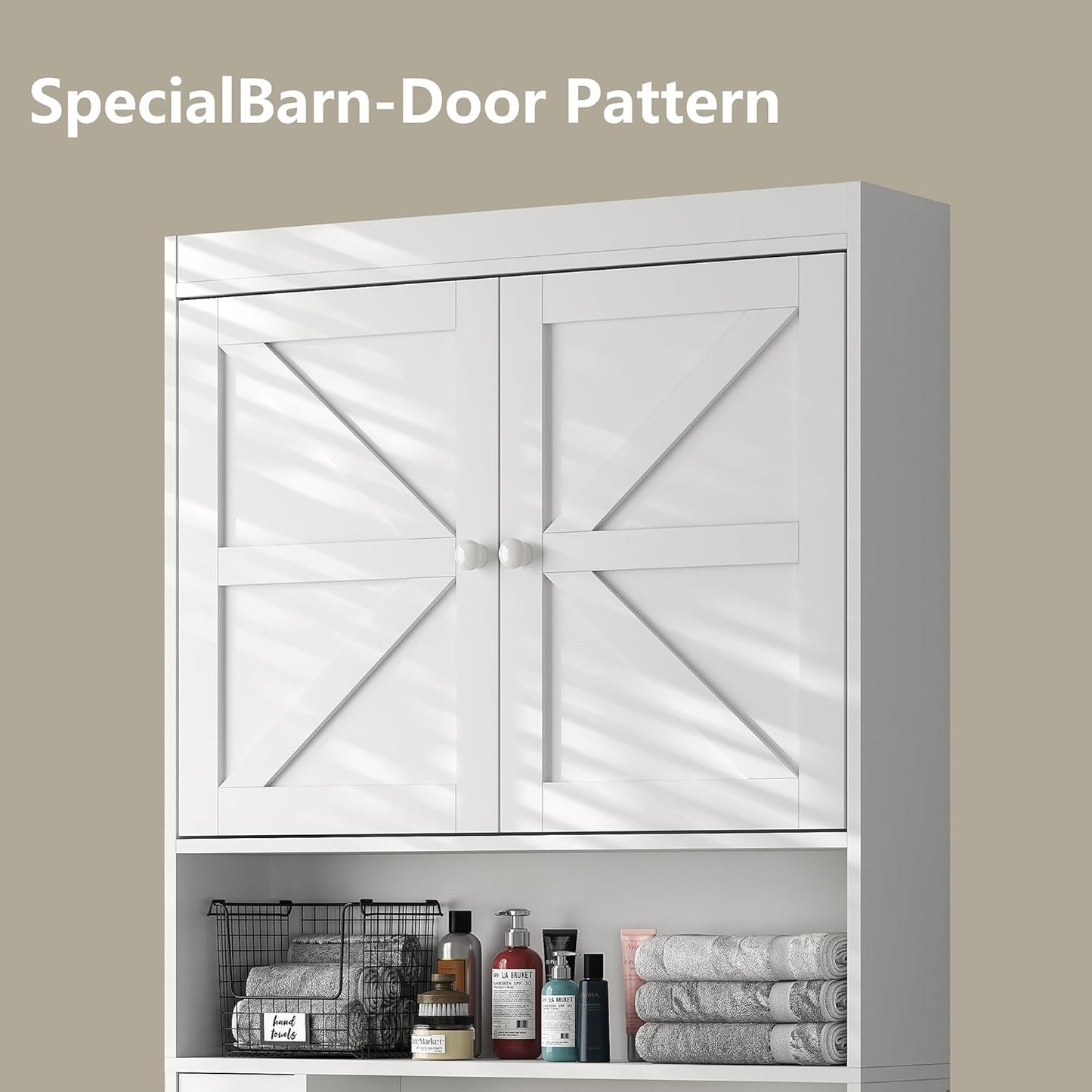 Furnideco Over The Toilet Storage Cabinet with Barn Doors, 32.3''W Free Standing Toilet Storage Shelf Space Saver with Adjustable Bottom Bar, White