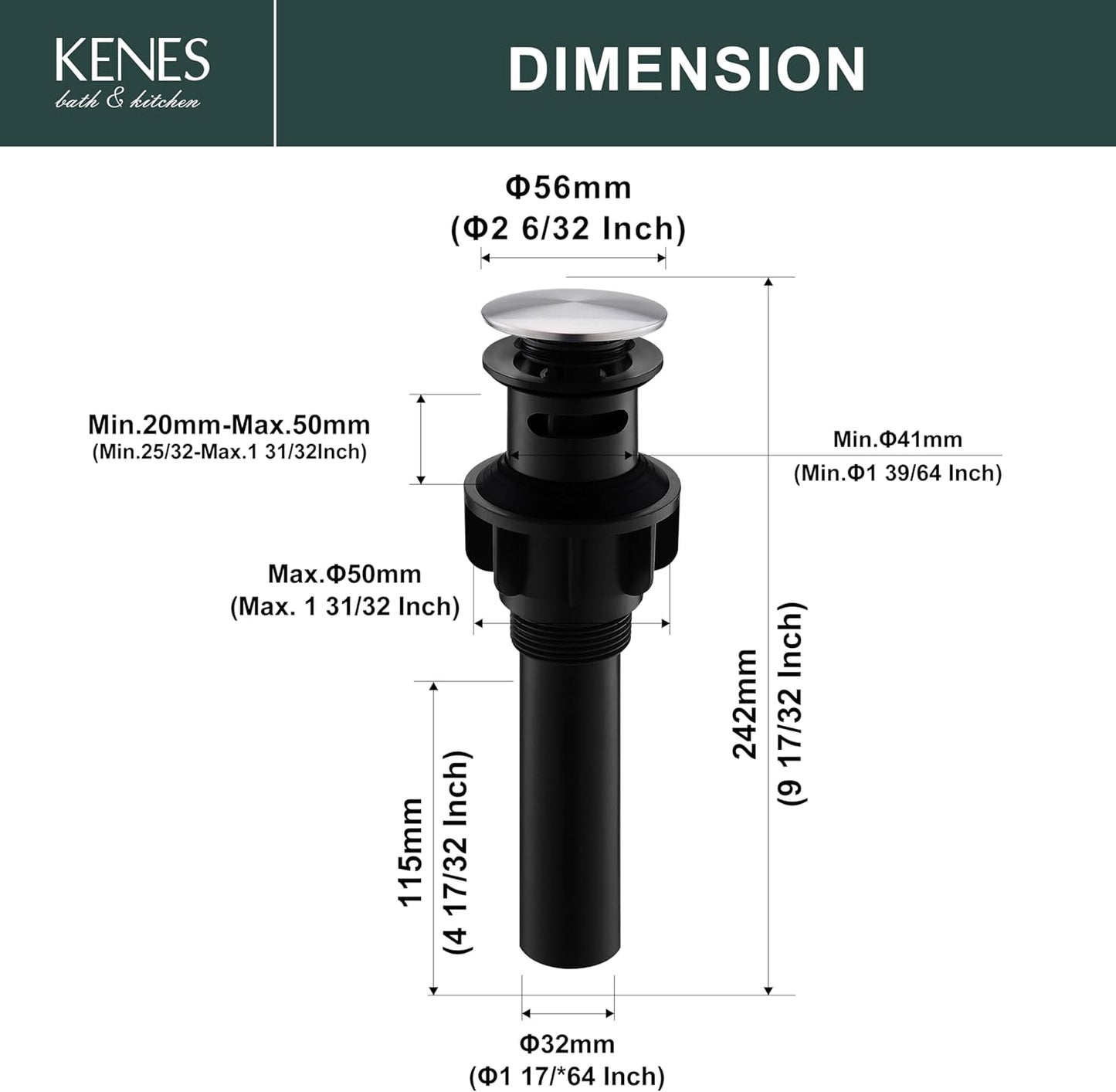 KENES Bathroom Sink Drain Stopper Pop up Sink Drain with Overflow, Brushed Nickel Lavatory Bathroom Vanity Sink Drain Assembly, Built-in Anti-Clogging Strainer