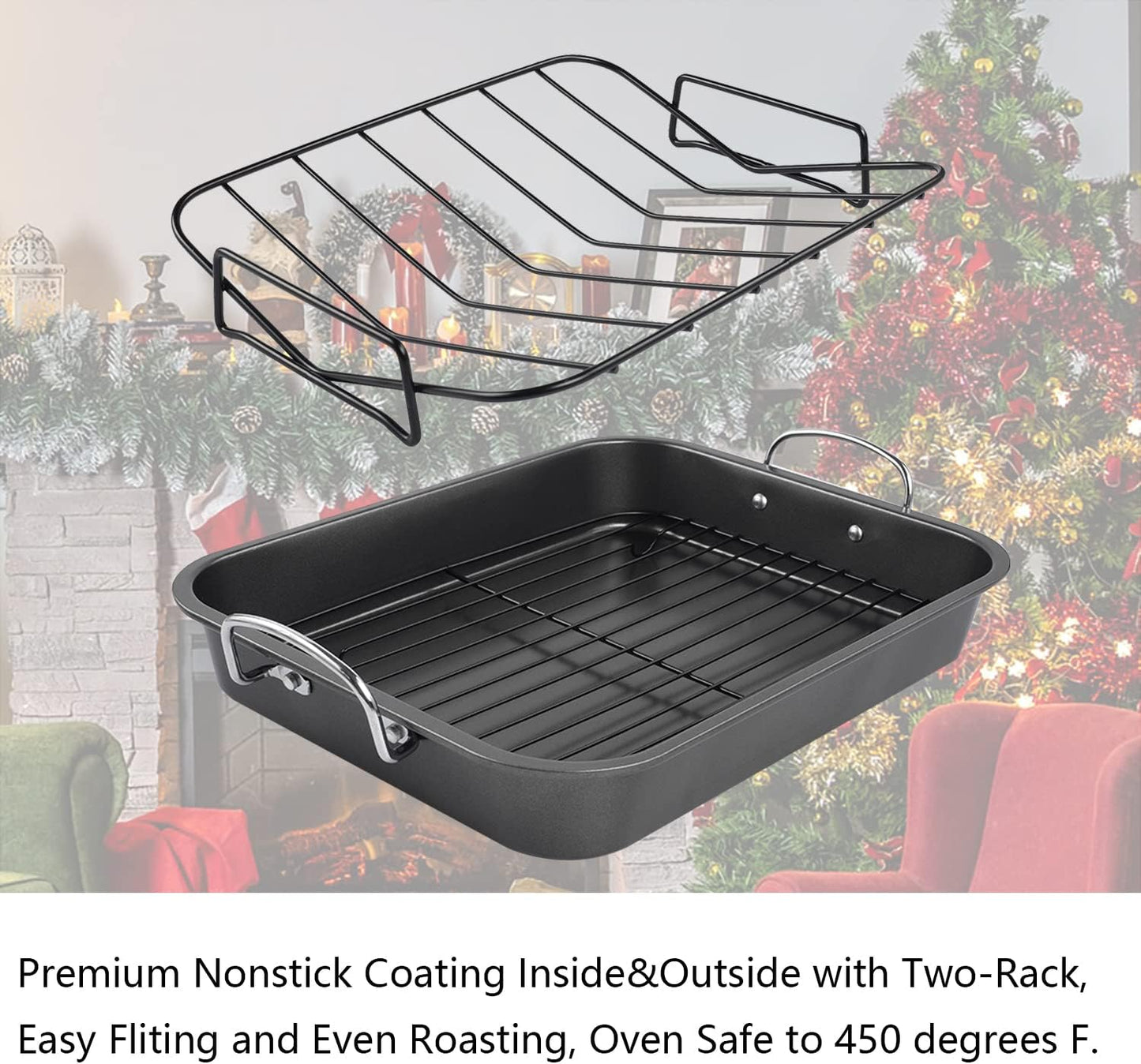 Kitcom Nonstick Roasting Pan with Rack, 16 Inch x 11.5 Inch Rectangular Roaster Set for Roasting Turkey, Chicken, Meat and Veggies, Gray