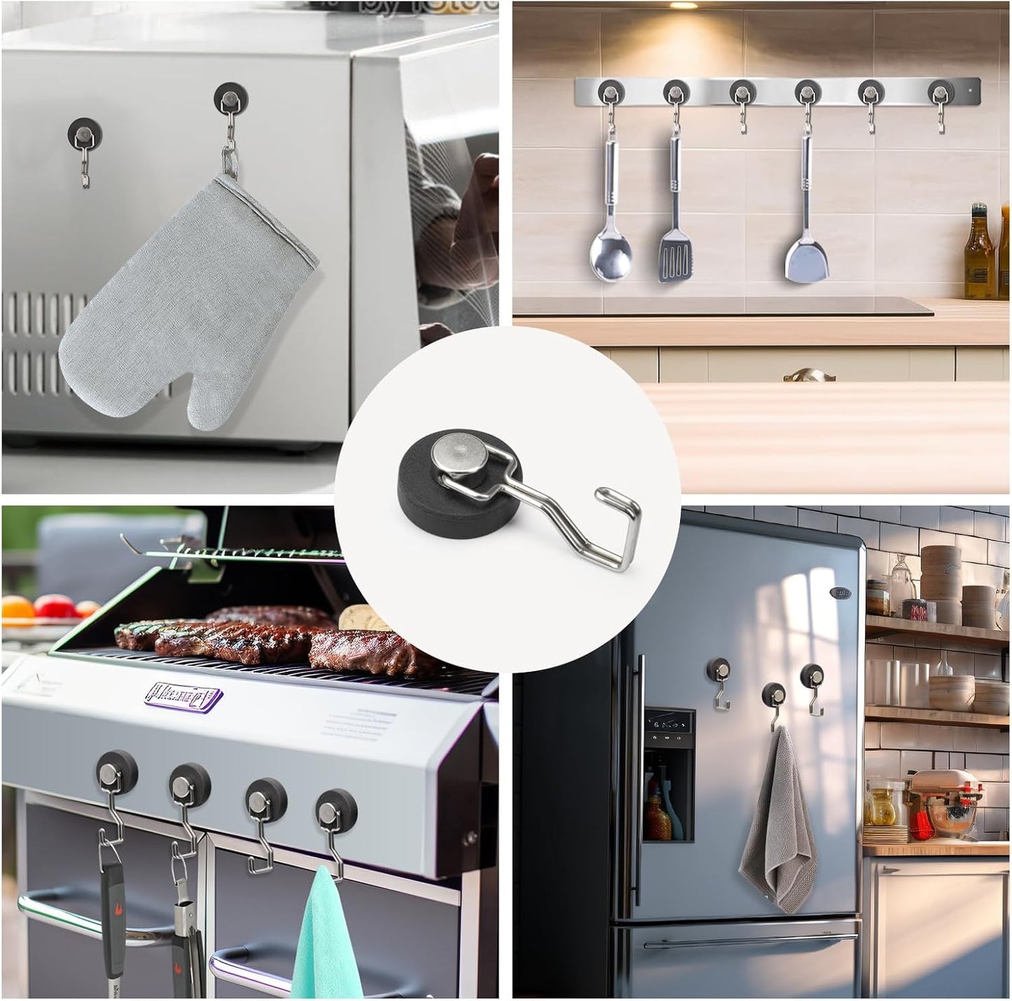 Heavy Duty Magnetic Hooks for Grill, Refrigerator & BBQ – 4-Pack Strong Magnet Hooks for Hanging Grill Tools, Kitchen Utensils, Towels & Outdoor Camping Accessories