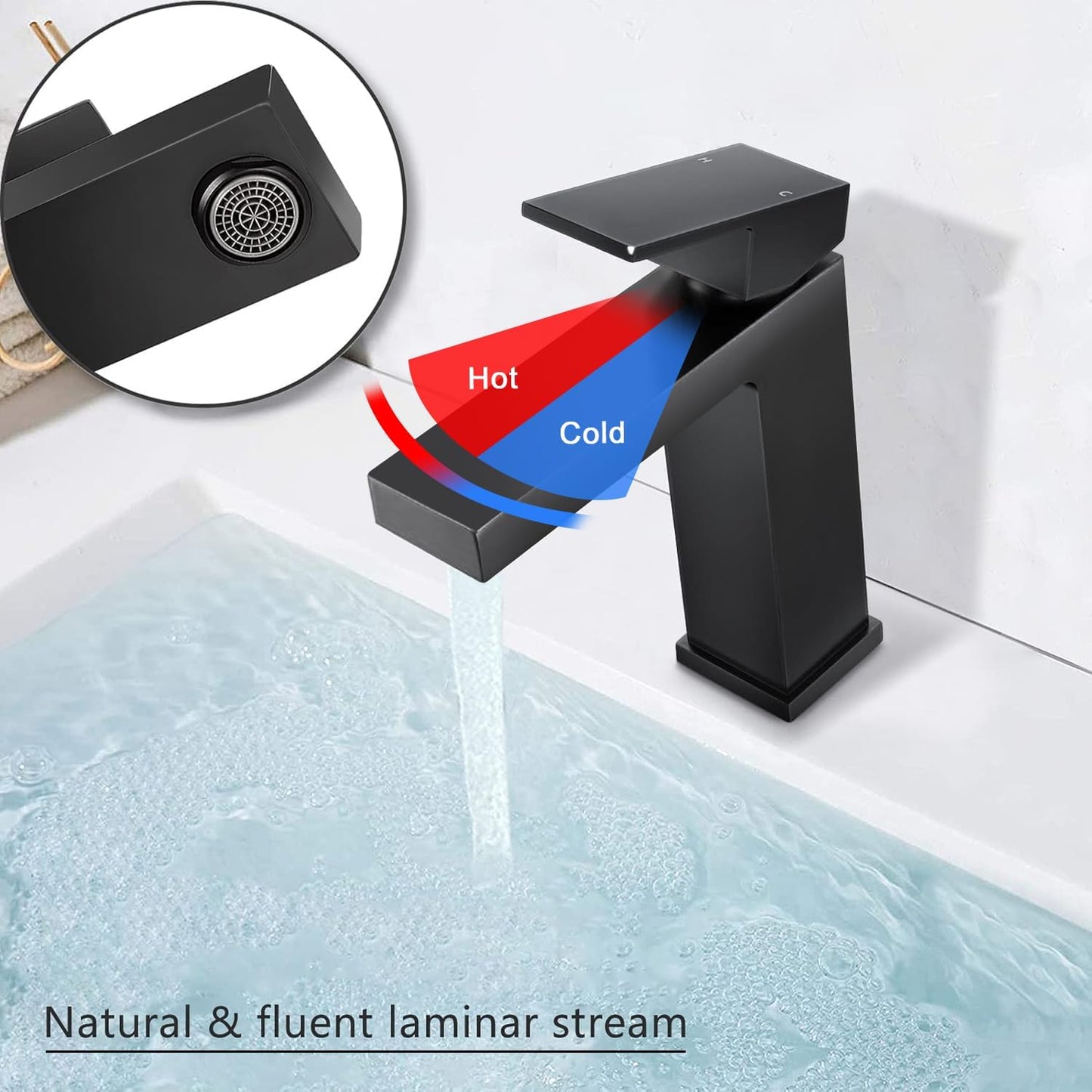 Solid Brass Black Bathroom Faucet, cUPC & CEC Certified 1 Hole Faucet for Bathroom Sink, Lead-Free Single Hole Bathroom Sink Faucet with Water Supply Hoses & Pop Up Drain Stopper