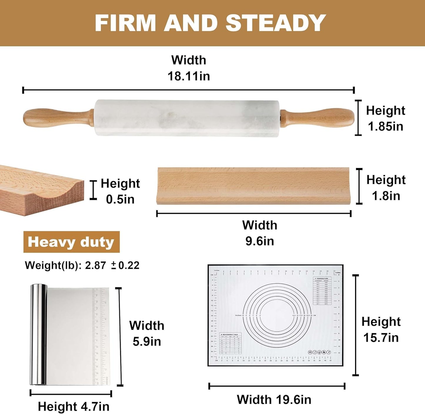 Koville African Natural Marble Rolling Pin, Non-Stick Polished Dough Roller, Pasta, Dumpling, Fondant, Pie Crust, Bread, Pizza Dough, Kitchen Baking Pastry Tools with Mat/Scraper(Namib Fantasy)