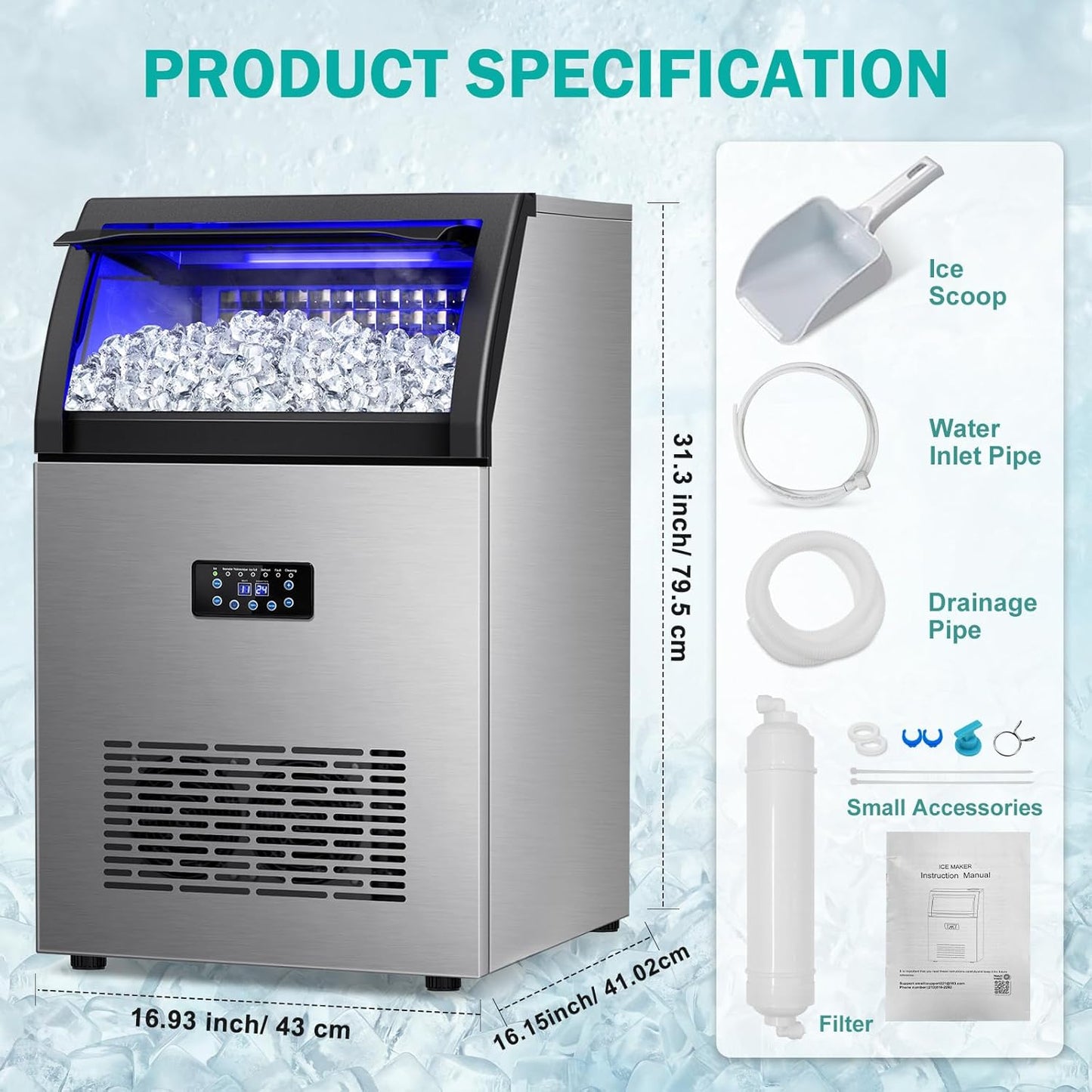 Commercial Ice Maker Machine, 150Lbs/24H with 45Lbs Large Ice Capacity, 55Pcs Clear Ice Cubes Ready in 8-15Mins, Freestanding Stainless Steel Ice Making Machine for Home Party Bar