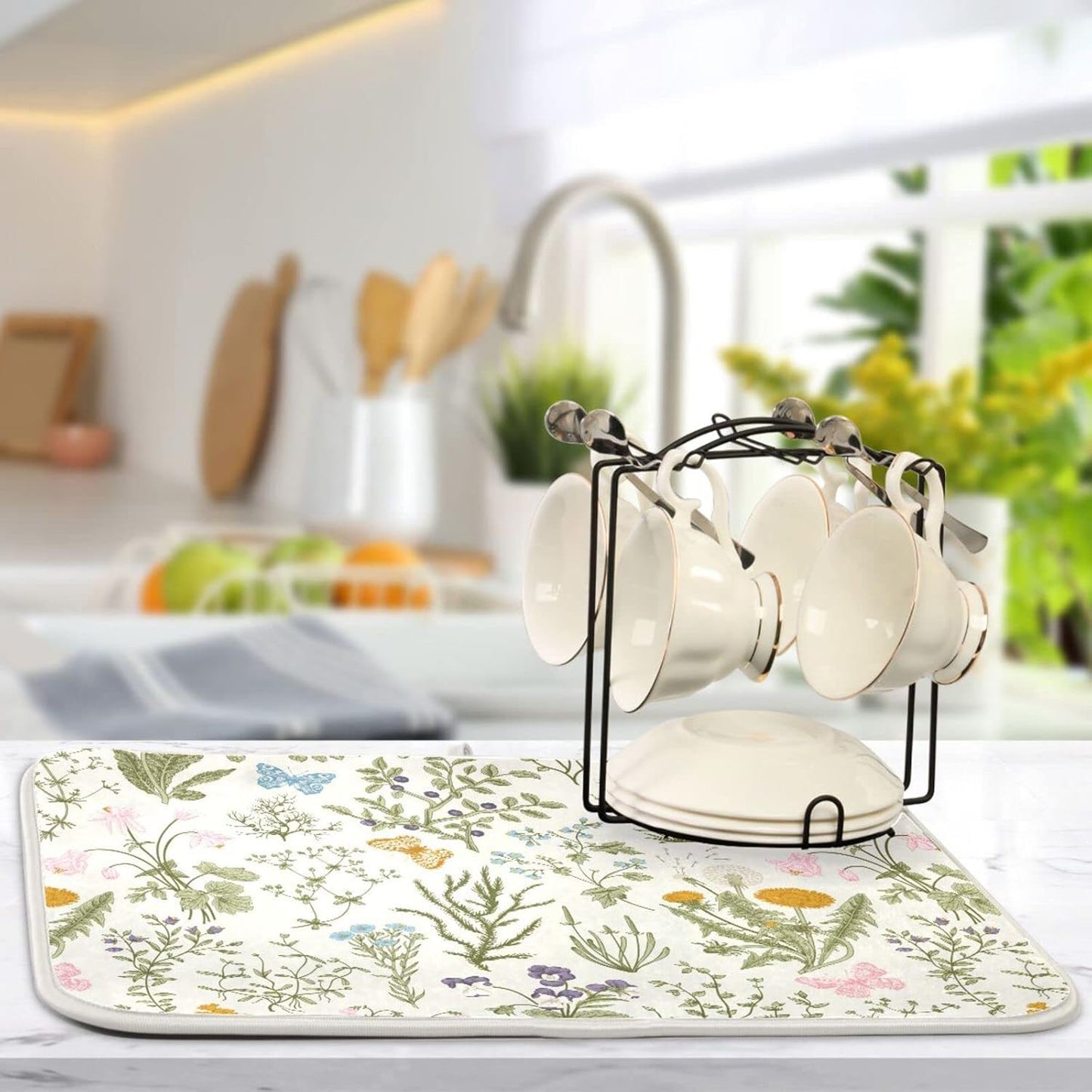 Herbs Flowers Botanical Butterfly Dish Drying Mat for Kitchen Counter Absorbent Microfiber Drying Pad, Medium 16x18 in, Reversible Drainer Mats