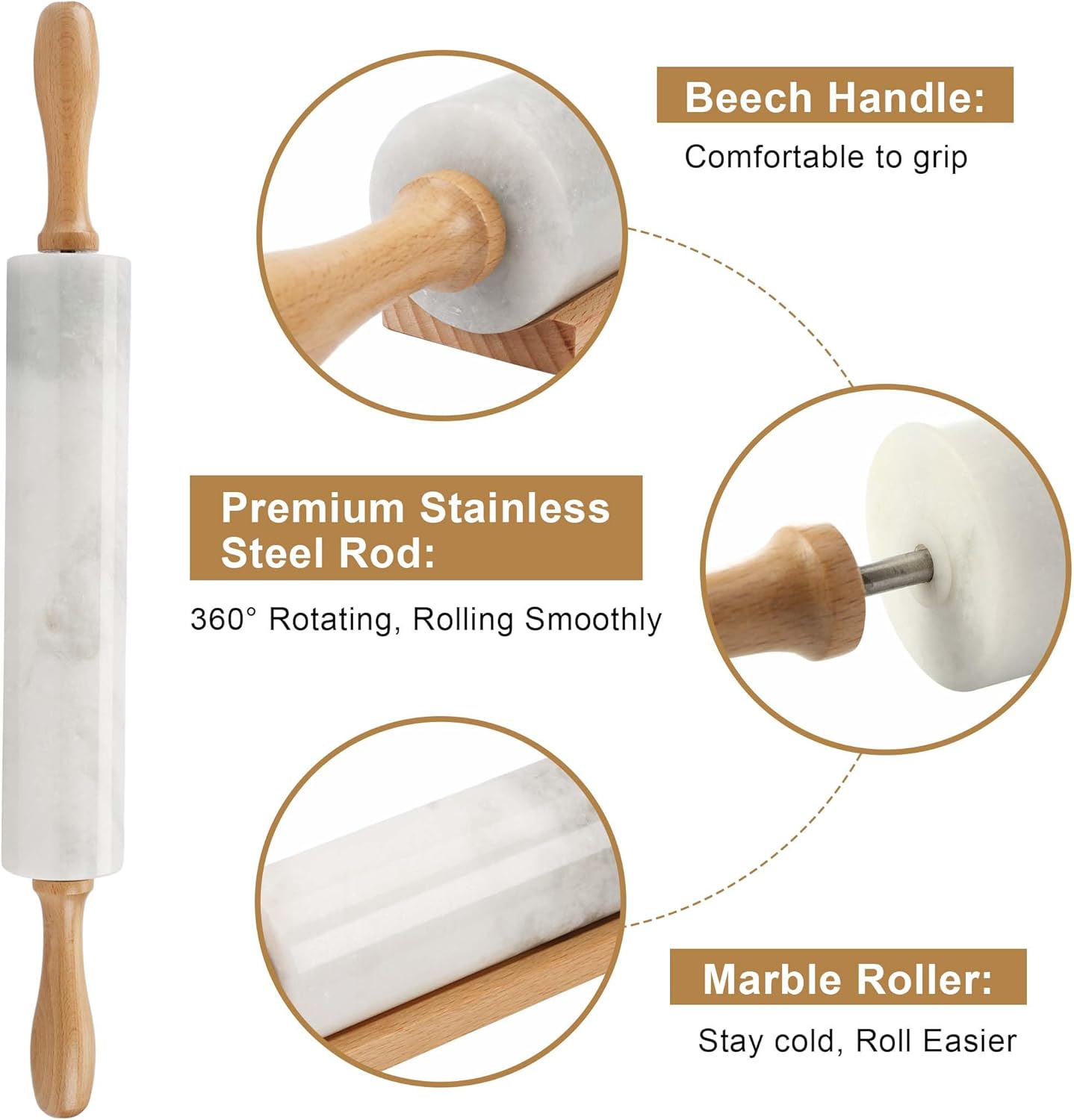 Koville African Natural Marble Rolling Pin, Non-Stick Polished Dough Roller, Pasta, Dumpling, Fondant, Pie Crust, Bread, Pizza Dough, Kitchen Baking Pastry Tools with Mat/Scraper(Namib Fantasy)