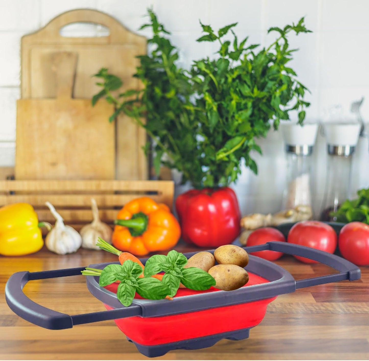 Collapsible Silicone Over-the-Sink Colander – 6-Quart Foldable Strainer with Extendable Handles & 3 Bonus Peelers, Perfect for Vegetables, Fruits, and Pasta|RED
